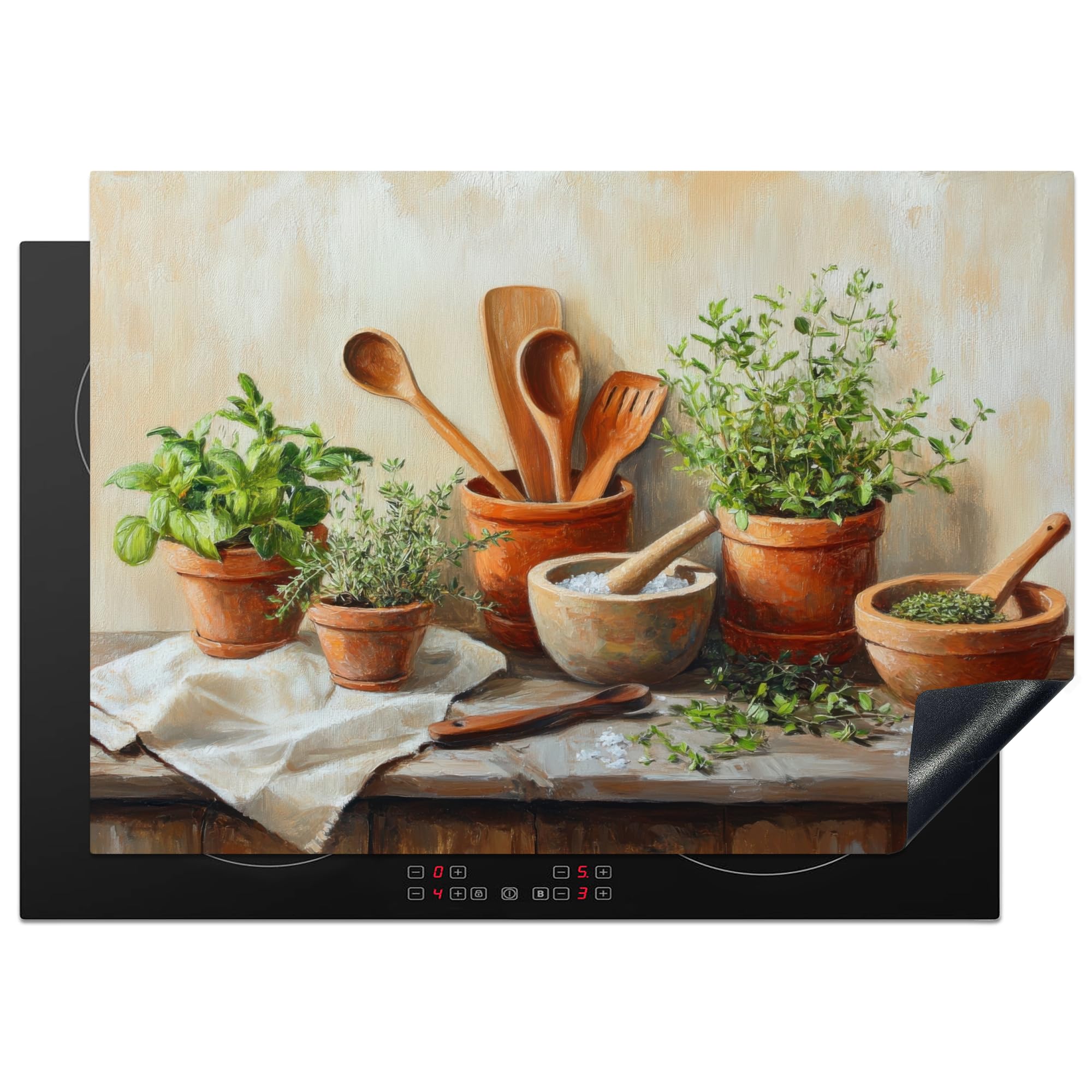 KitchenYeah© Induction Hob Protector Mat 20.5"x29.5" / 75x52 cm Cooker Top Protectors Cover Ceramic Covers Electric Hobs Vinyl Pots - Herbs - Wood