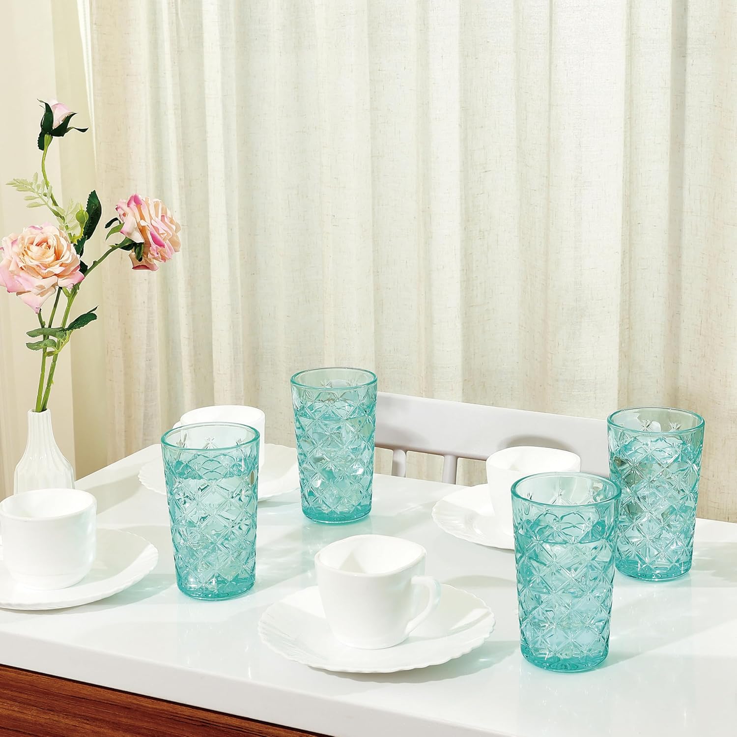 CREATIVELAND Drinking Highball Glasses Set of 4, Vintage Cross Hatch Glass Cups, 15.5oz Tall Drinking Water Glasses, Dishwasher Safe Blue Glass Tumbler Glassware for Water, Juice, Cocktail, Coffee - Image 6