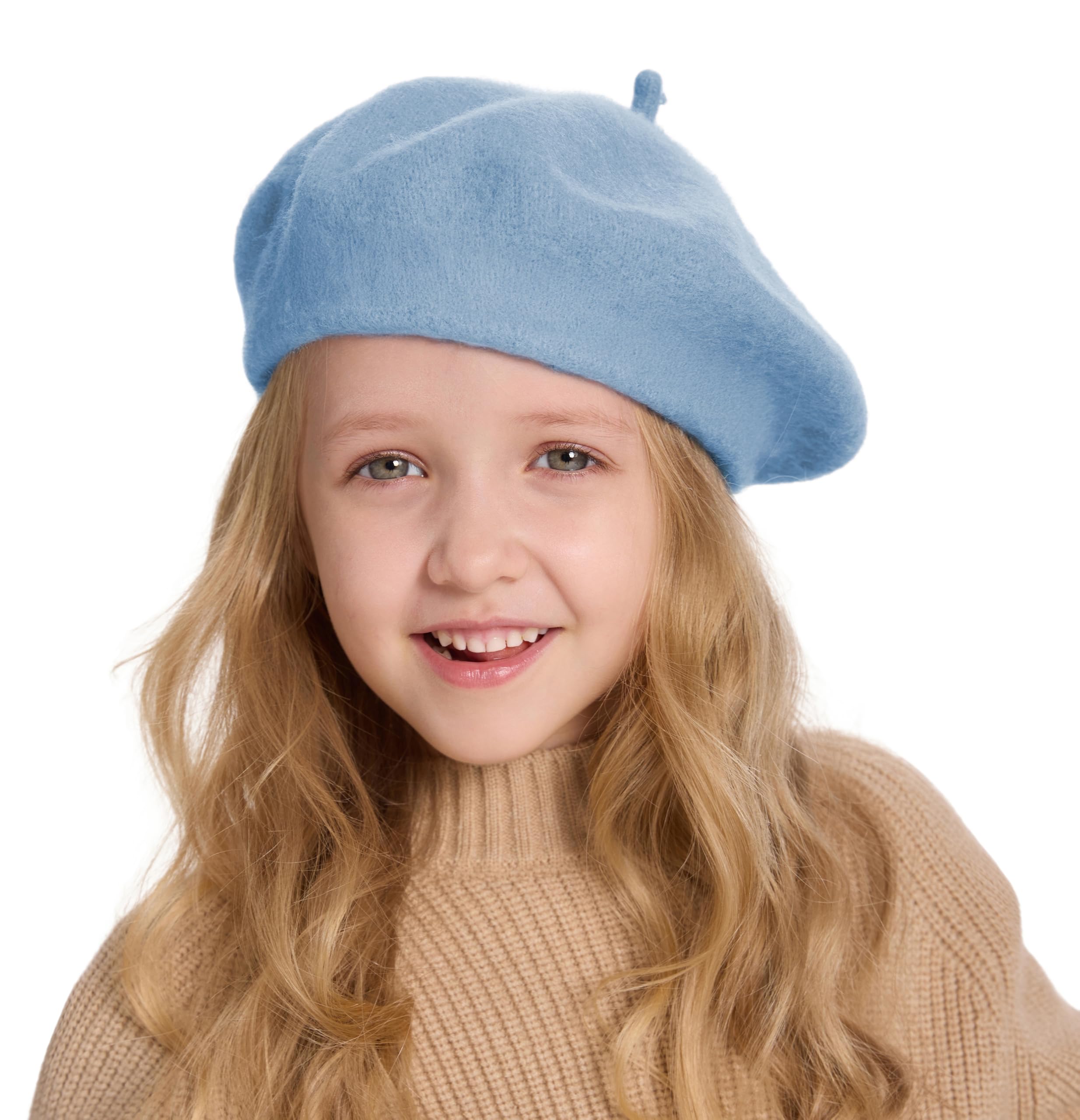 ZLYC Wool Kids Beret Hat Girls Solid Color Artist French Beret Cap(Sky Blue)