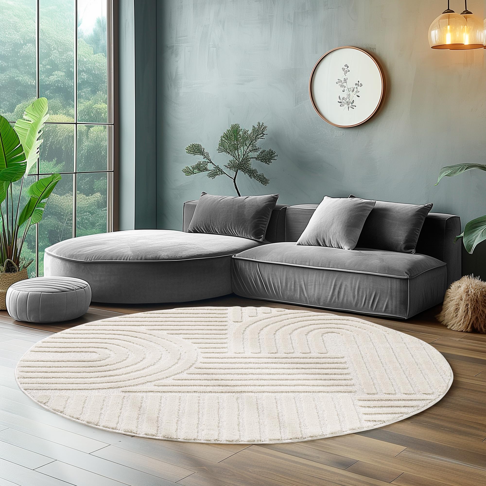 Tapis rond 160 cm crème salon scandinave boho doux à poils longs