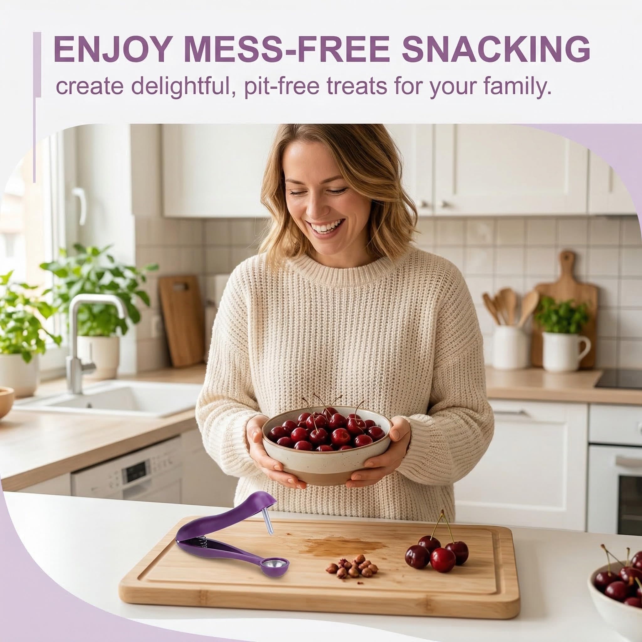 Pack de 3 Deshuesadores de Cerezas de Acero Inoxidable - Saca Huesos Manual por Empujón para Cerezas, Olivas y Dátiles, Descorazonador de Frutas Compacto, Morado