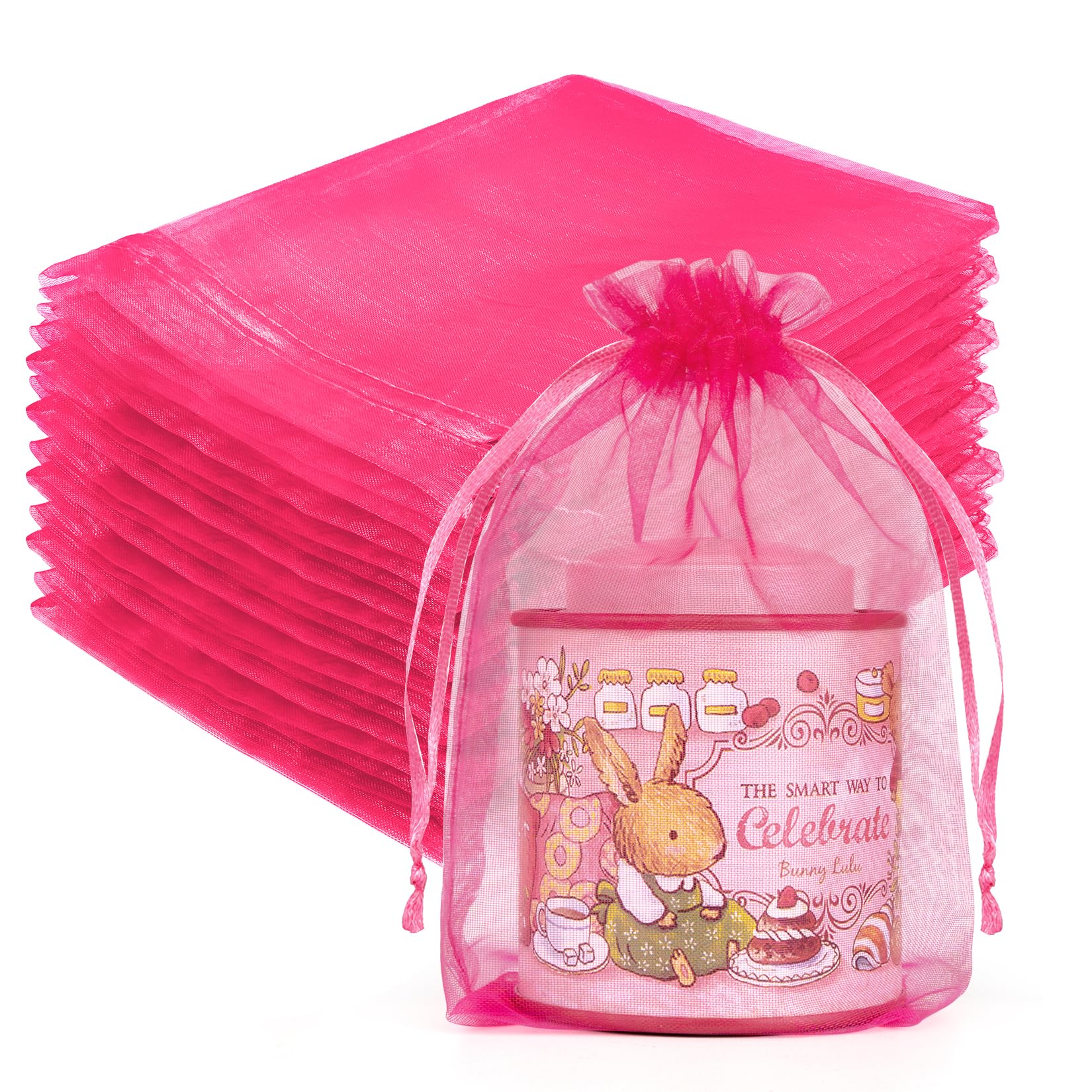 Crweety 50 Pcs Organza Bags 5x7, Hot Pink Small Mesh Gift Bags Drawstring