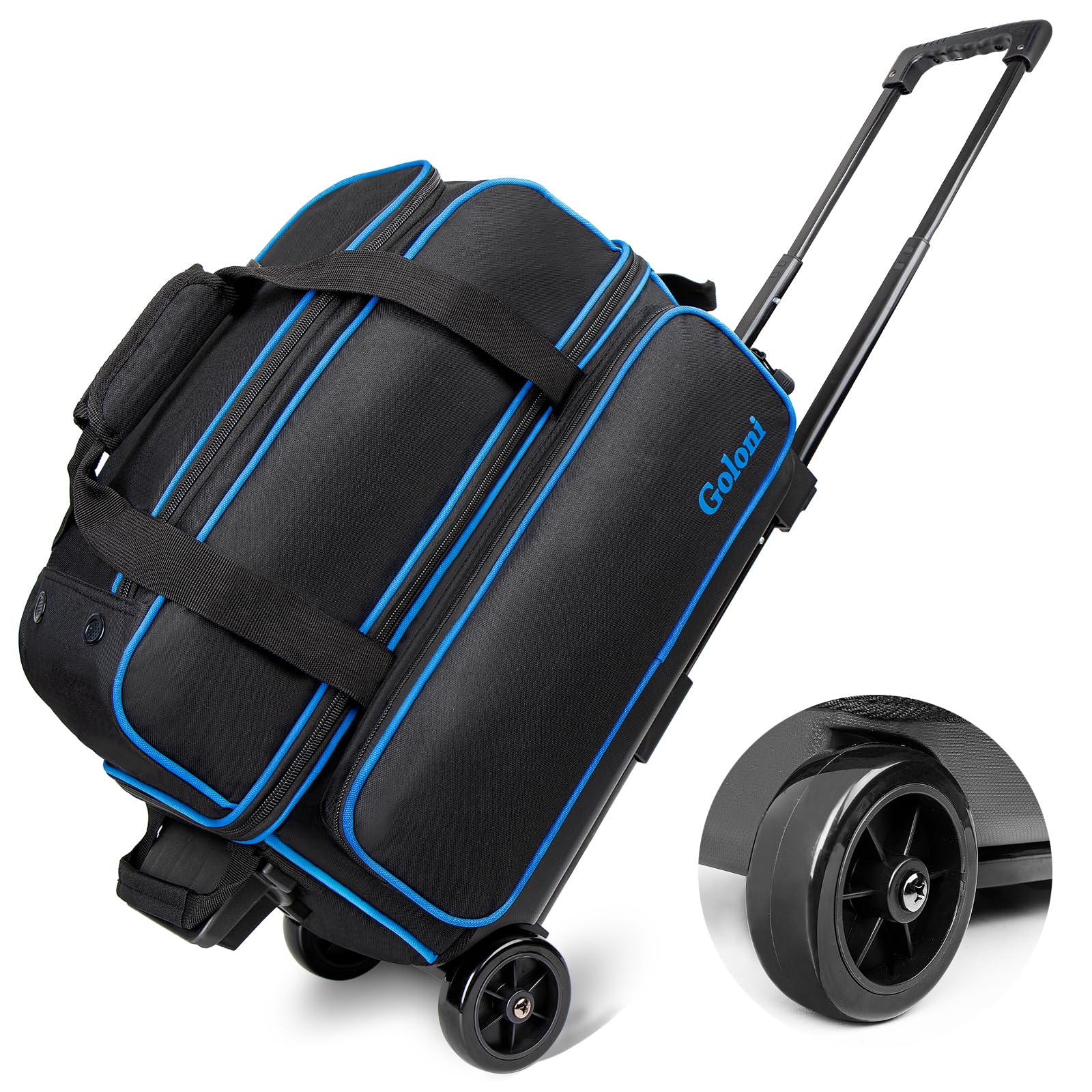Goloni Double Roller 2 two bowling ball bag with wheels with Separate Shoe Compartment Size 15 and Oversized Accessory Pocket,2/two ball bowling bag,Retractable Handle Extends to 40"