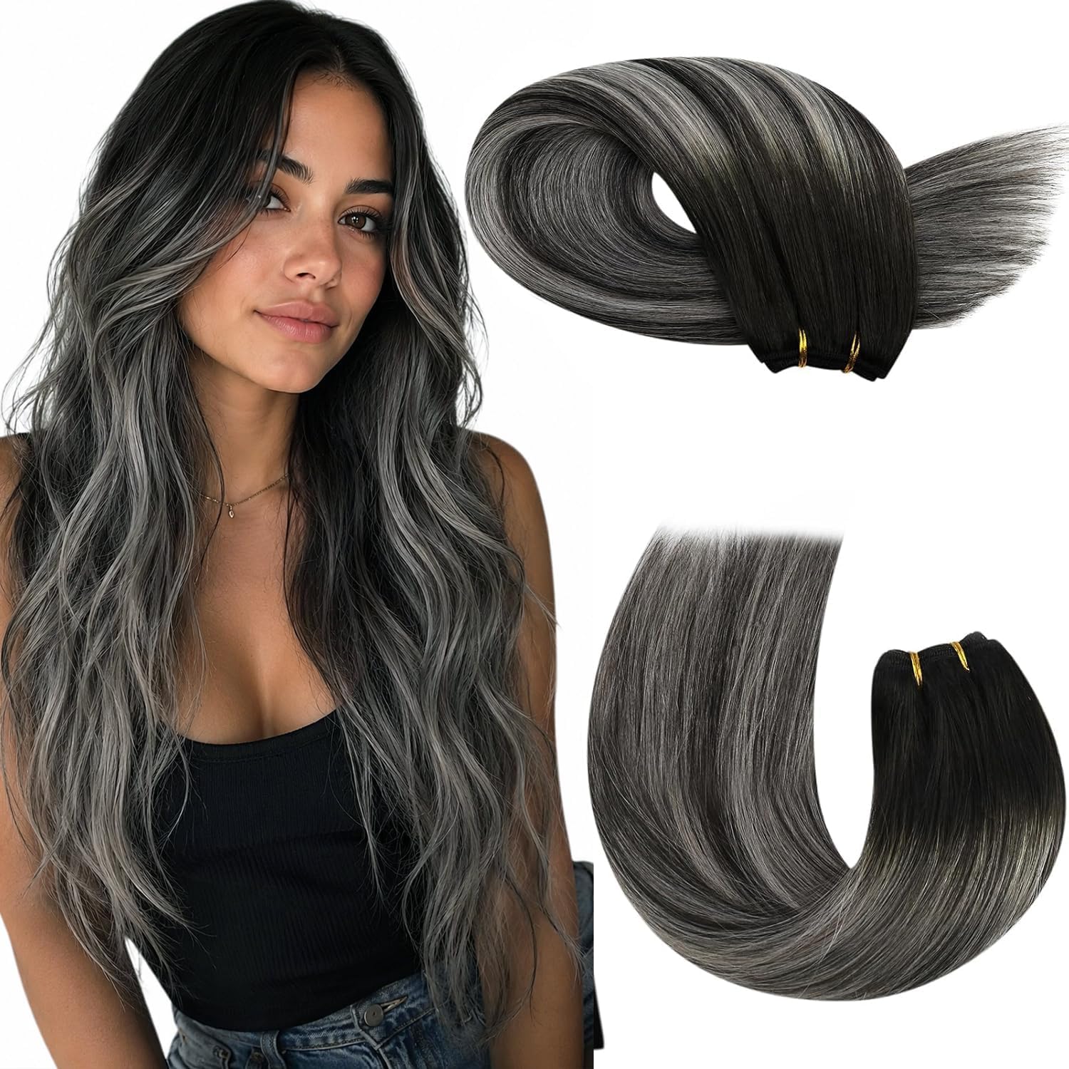 Moresoo Sew in Human Hair Extensions Balayage Black with Silver Gray Double Weft Sew in Weft Hair Extensions Ombre Remy Straight Hair for Party 14inch 100G