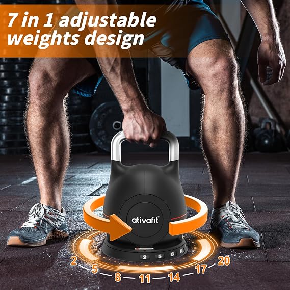 ATIVAFIT 20kg Adjustable Kettlebell 7 in 1 with Solid Aluminum Handle Quick Adjustment Weights With Safety Locking Systerm Space Saving Strength Training For Fitness Home Gym