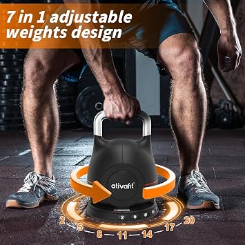 ATIVAFIT 20kg Adjustable Kettlebell 7 in 1 with Solid Aluminum Handle Quick Adjustment Weights With Safety Locking Systerm Space Saving Strength Training For Fitness Home Gym
