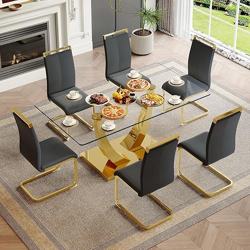 Miniatura 74 de Juego de mesa de comedor para 4, 63 pulgadas, juego de mesa de comedor de vidrio templado negro para 4 personas con sillas de poliuretano, moderno