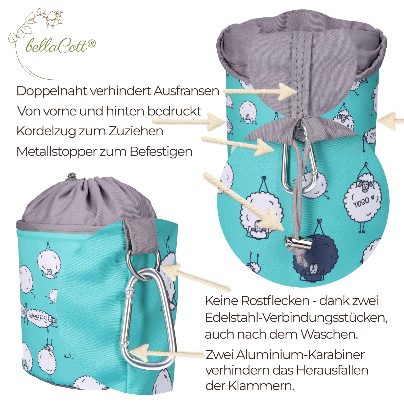 96 Softgrip Wäscheklammern Set Silber-anthrazit mit Wäscheklammerbeutel aus Baumwolle Yoga-Schafe Design, rutschfest, mit Karabiner & Kordelzug, waschbar