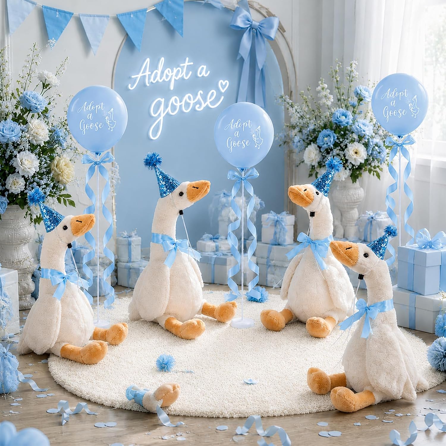 Adopt a Silly Goose Party Favor Include - 6 Pcs 15.7" Blue Goose Plush Stuffed Animal with Birthday Party Hats Ribbon Bow Balloon for Adopt a Pet Theme Party Favor Supplies Gifts Table Decor image 3