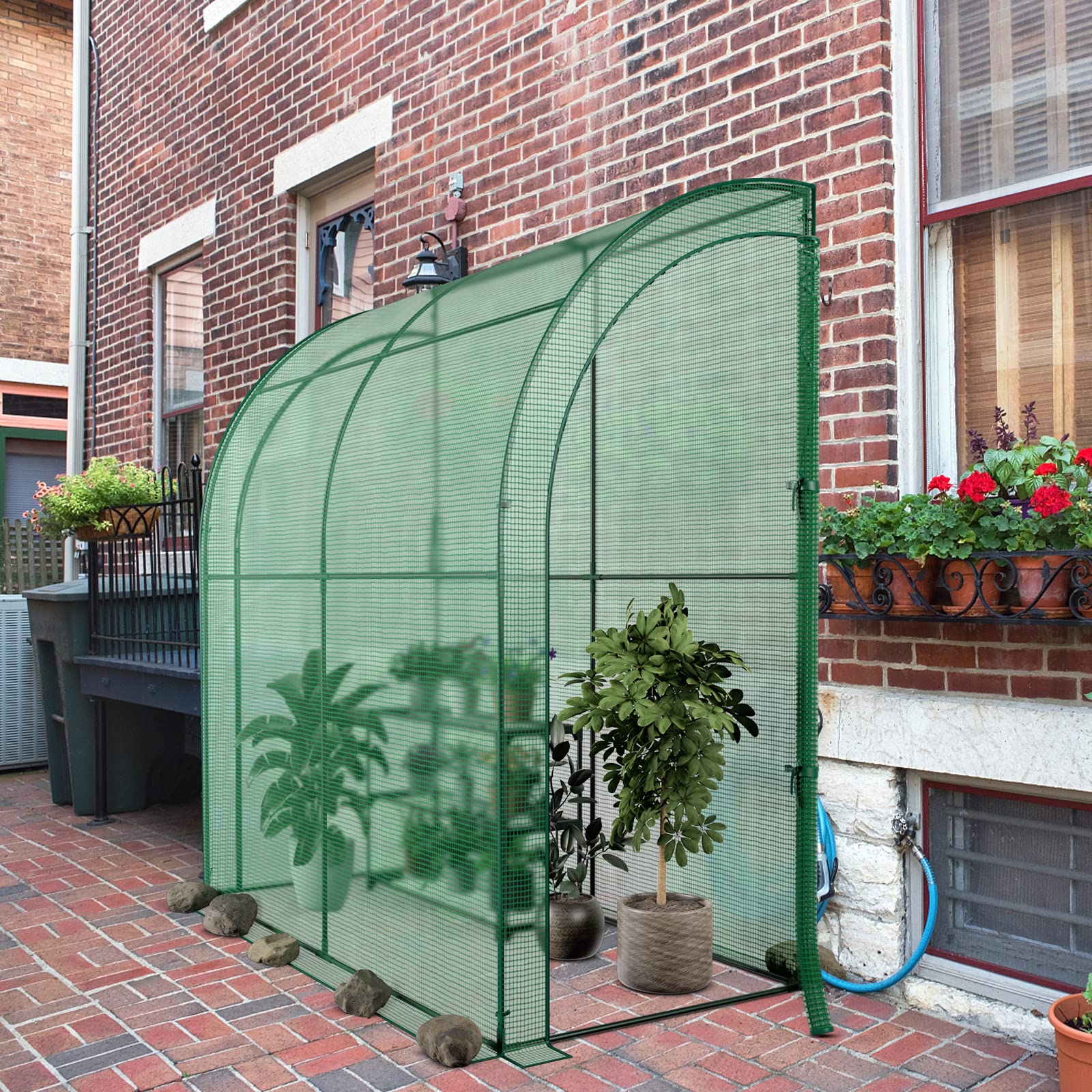 GYMAX Serra da Giardino da Parete, Mini Serra a Muro per Esterni con Ripiano a 3 Livelli, 2 Porte d’Ingresso con Cerniera, per Giardino, Cortile, 198,5 x 98 x 215 cm, Verde