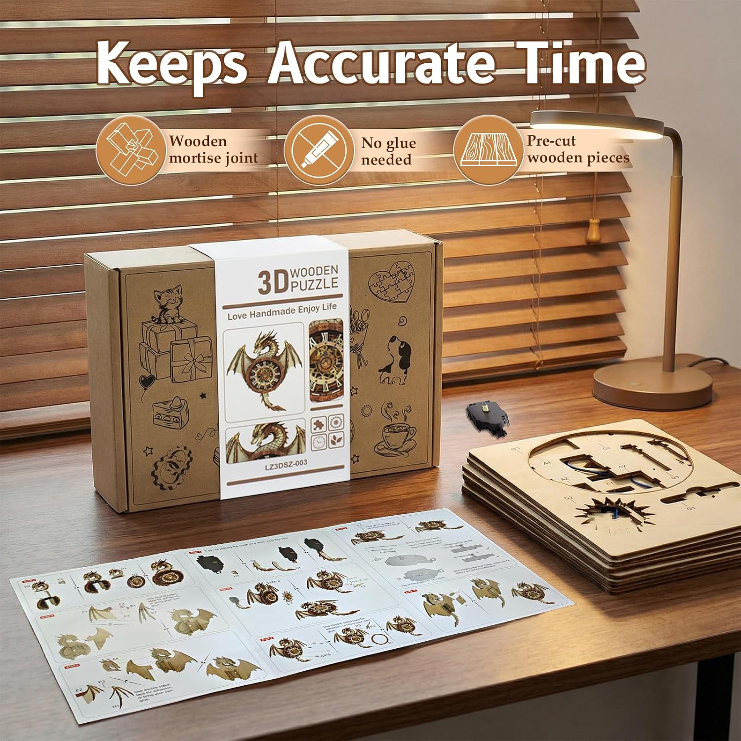Kosmickiss 3D Wooden Puzzles Model Kits Dragon Clock for Adults, 3D Building Models DIY Crafts for Women Men, Wall Clock Puzzle Birthday Gift for Adults Home Decor