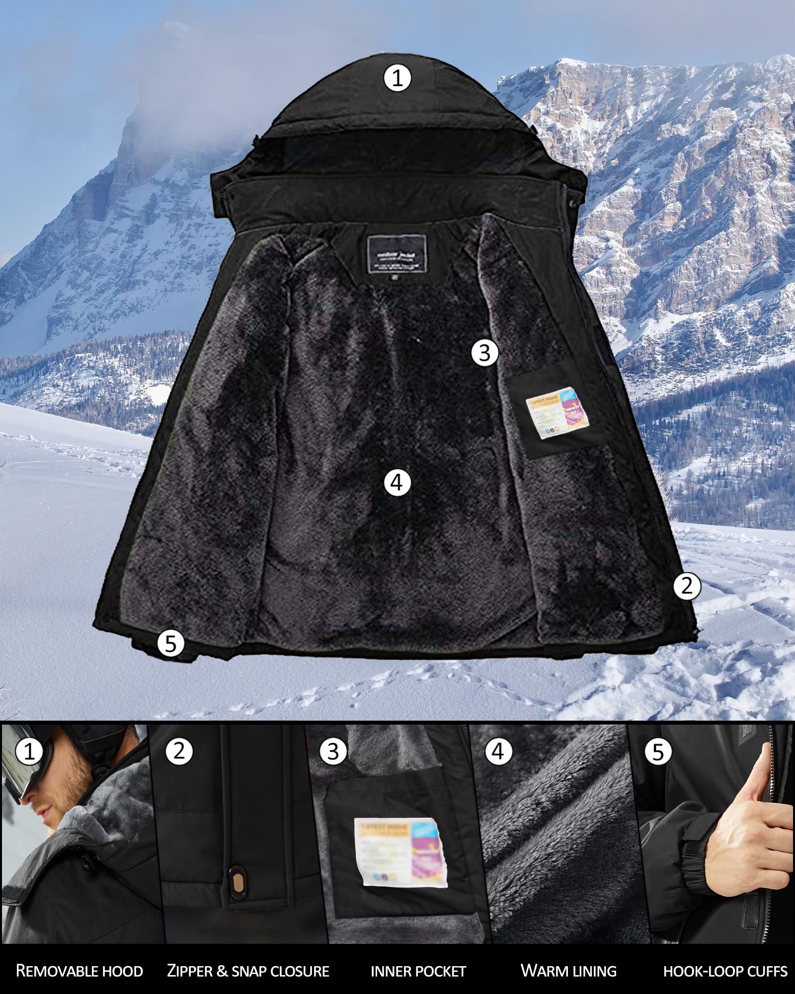 KEFITEVD Winterjacke Herren Skijacke Wasserdicht Warm Gefüttert Outdoorjacke mit Abnehmbarer Kapuze
