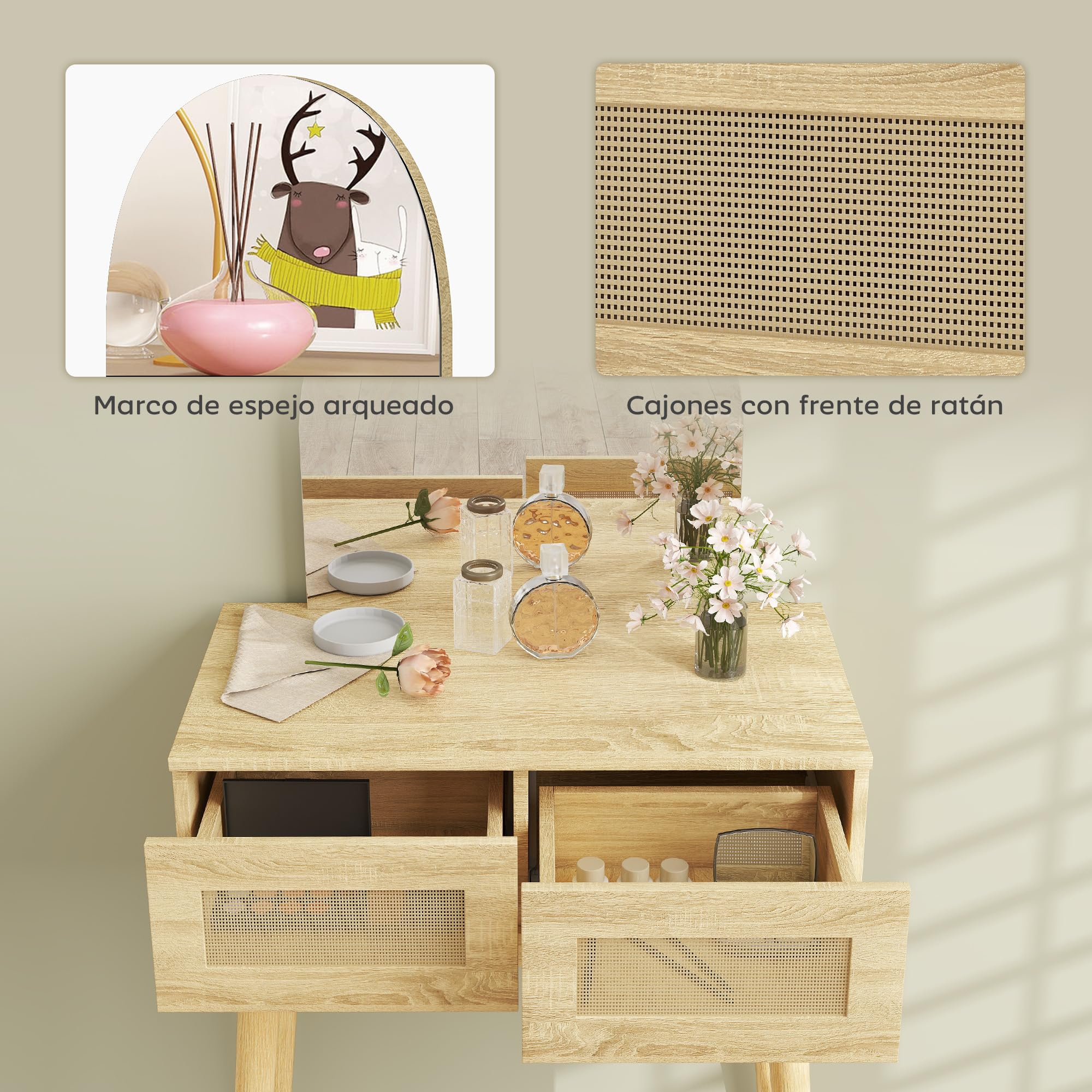 HOMCOM Tocador con Espejo Arqueado, Mesa de Maquillaje Moderna con 2 Cajones con Frontal de Ratán, Tocador de Maquillaje para Dormitorio, Espacios Pequeños, Natural