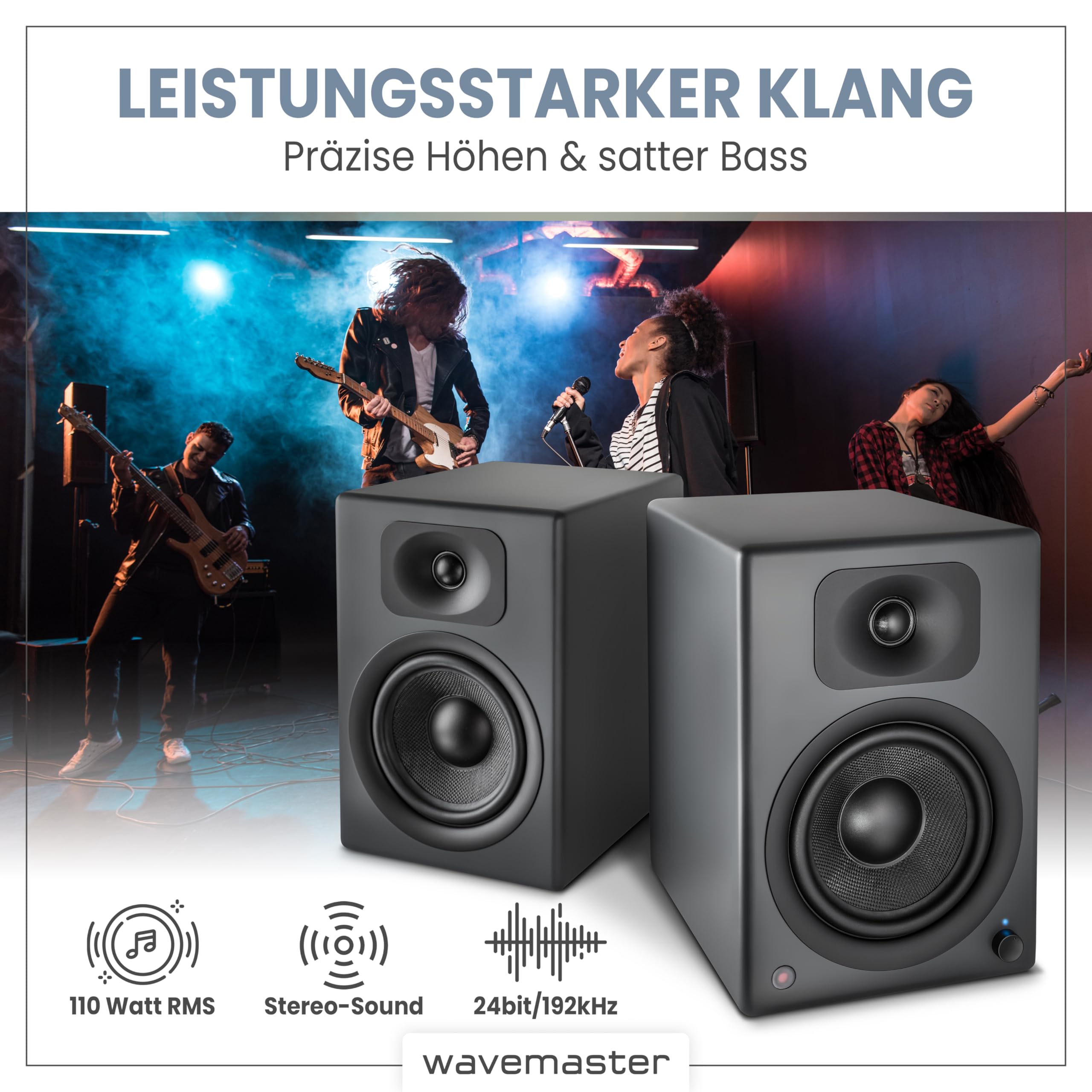 Wavemaster TWO PRO Stone Gray Aktiv-Boxen 110 Watt Bluetooth Lautsprecher-System mit IR-Fernbedienung
