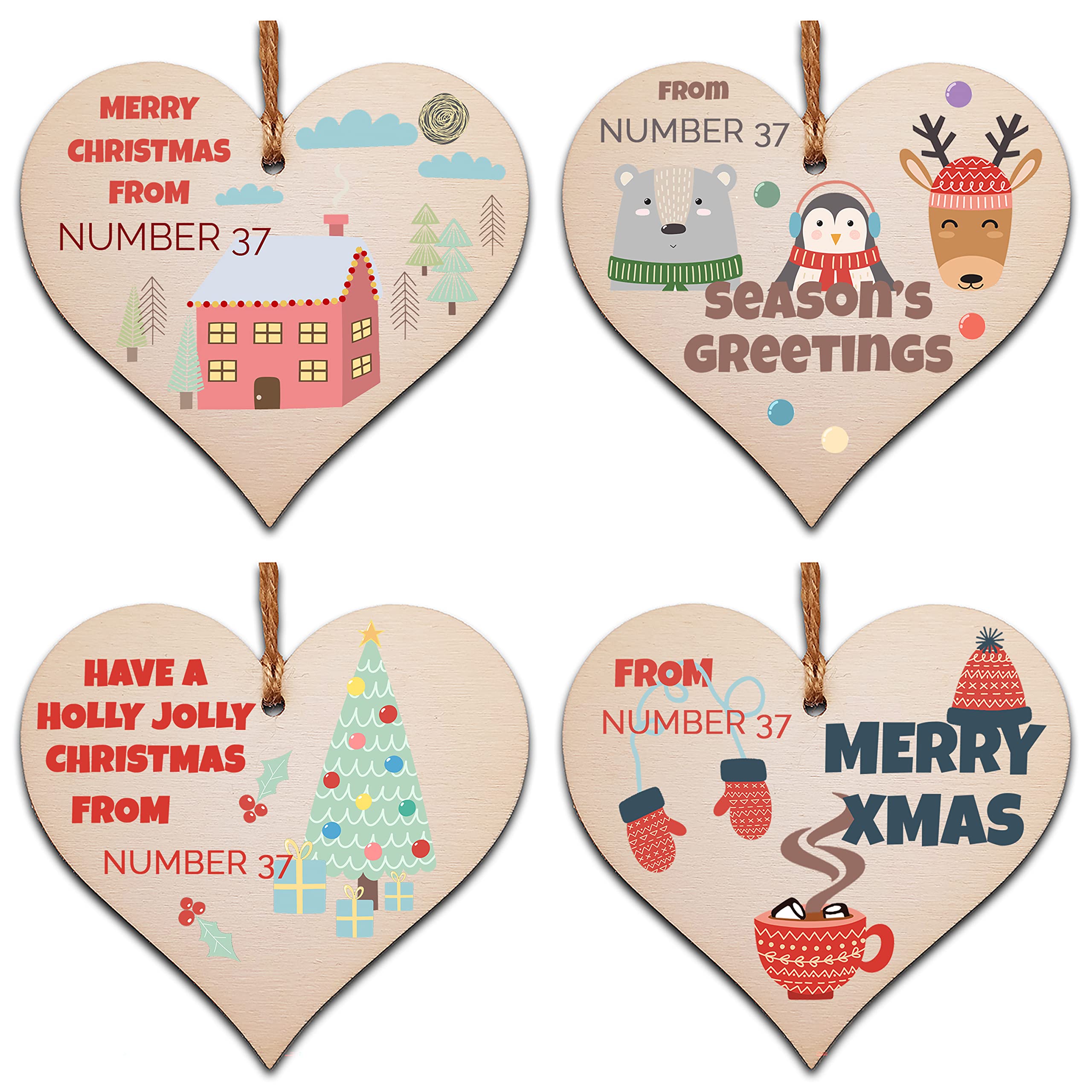 The Plum Penguin Cartoon Christmas Pack Of 4 Personalised Handmade Wooden Hanging Heart Plaques Bauble Christmas Card Alternative Cute Cartoon Style Family Friends Neighbours Colleagues