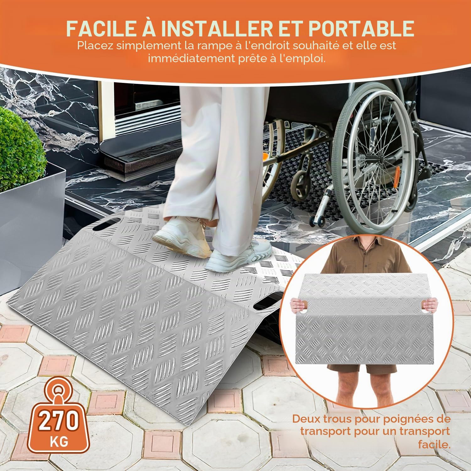 Rampe de seuil pour porte, Rampe de seuil pour fauteuil roulant, Pont de seuil antidérapant portable avec poignées, Rampe de pont, Rampe en aluminium pour fauteuil roulant, 80 x 70 x 10 cm