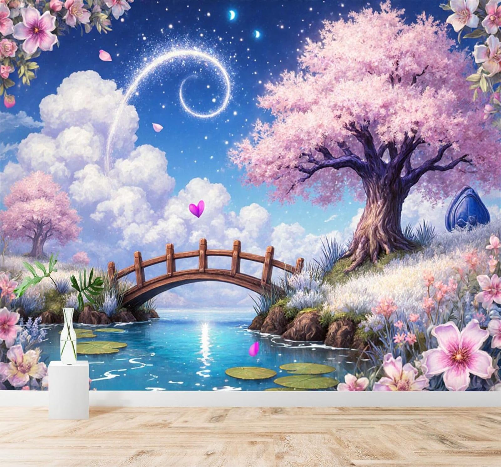 XLMING Dreamlike Scenery Beautiful Cherry Blossoms Wooden Bridge Starry Sky 3D Wallpaper Silky Texture Home Study Office Grey Dining Room Sofa Bedroom Living Room TV Backdrop-430cm×300cm