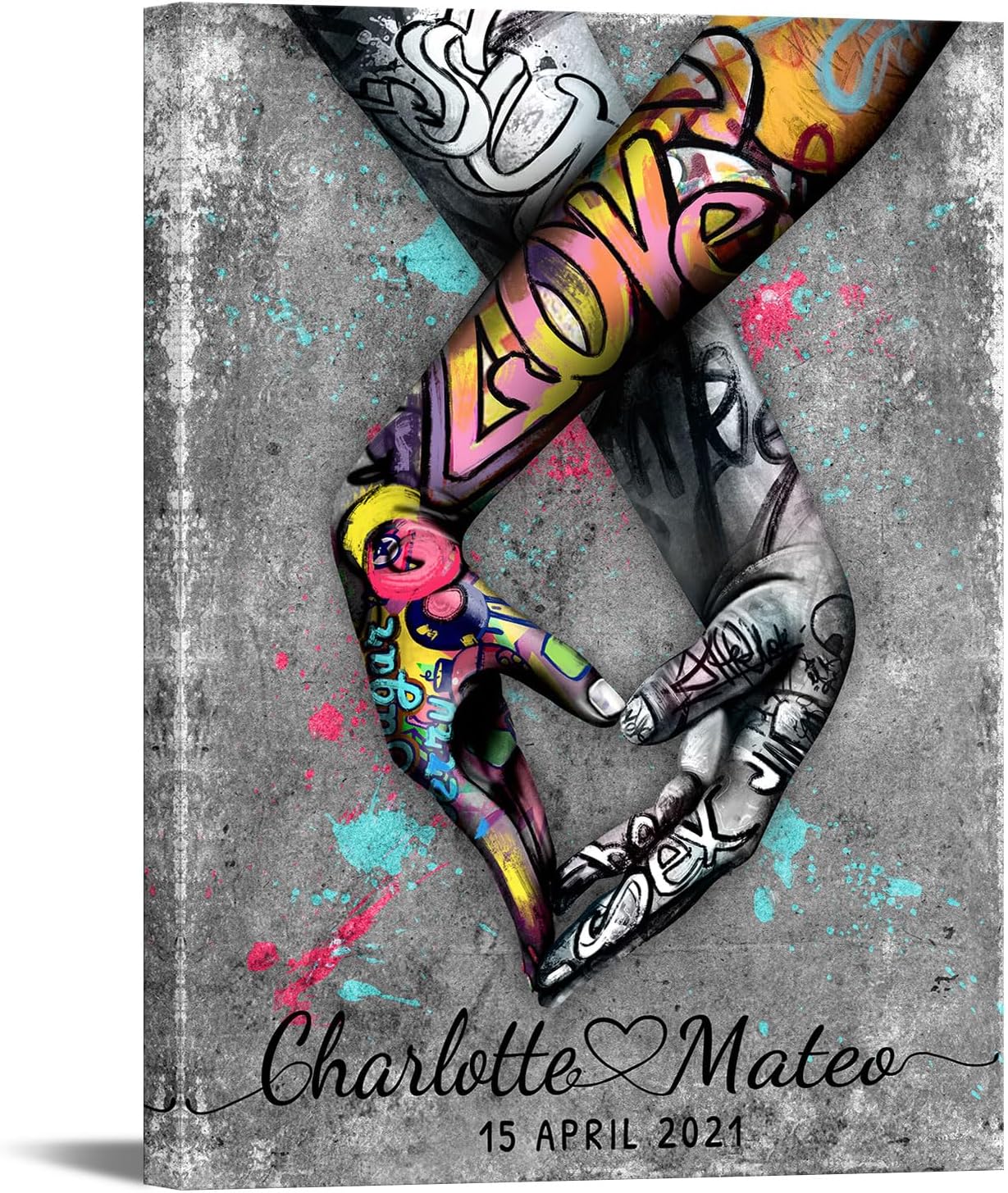 iLOOKLiKE Personalized Banksy Street Art Graffiti with Couple'S Names and Date Wall Art Romantic Love Hand in Hand Canvas Prints Custom Pop Poster Framed Home Decor Gifts for Him Her Anniversary