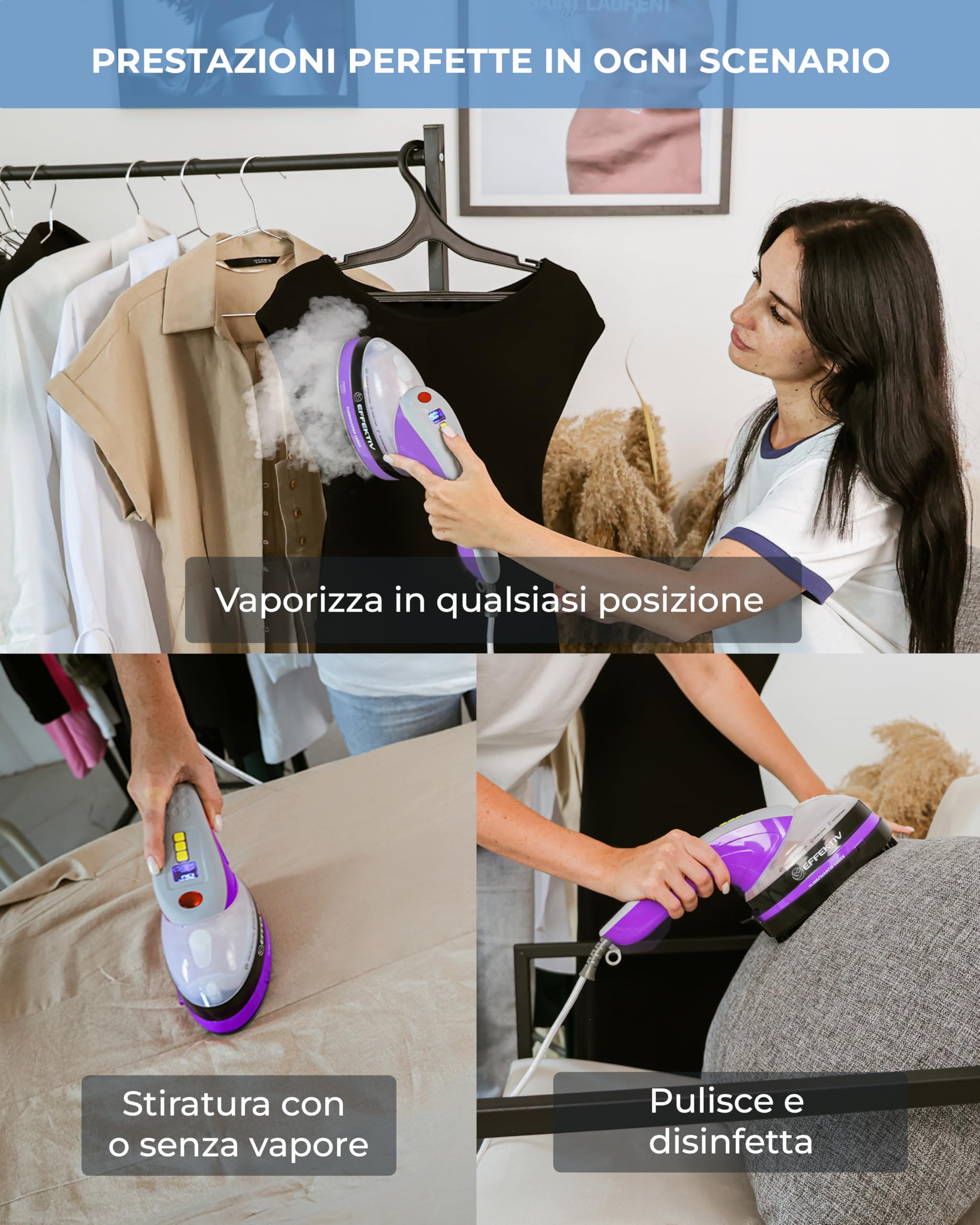 Ferro da Stiro Verticale a Vapore EFFEKTIV, 1800W, 3 in 1 Premium, Piastra in Ceramica, Spazzola a Vapore, Serbatoio 250 ml, Vapore Continuo 750 mg/s, Display LED, Autospegnimento, Cavo 3 m