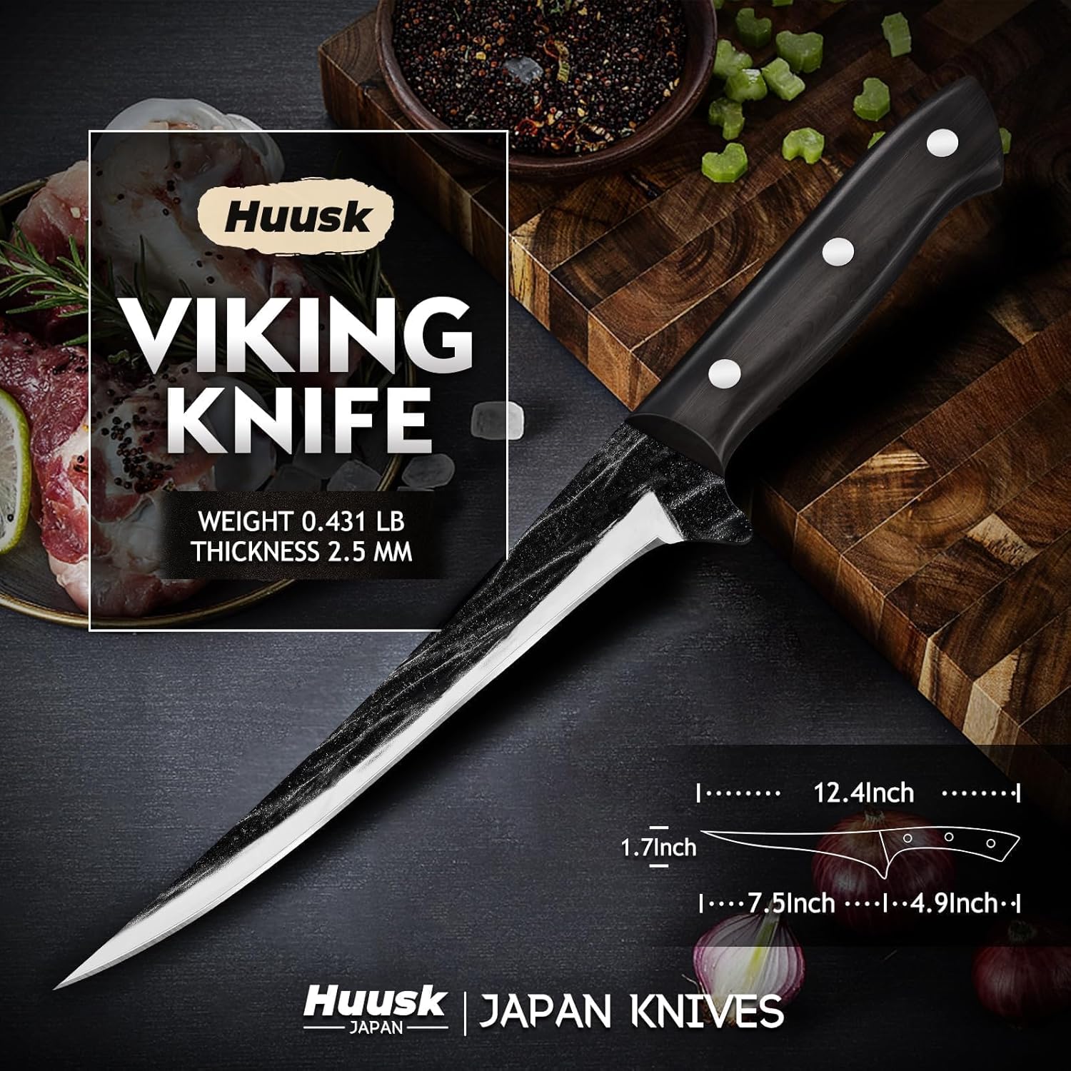 Huusk Fish Fillet Knife with Sheath - Hand Forged 7 Inch Boning Knives for Meat Trimming, Japanese Brisket Trimming Knives with Wooden Handle for Outdoor Camping, Christmas Gift for Men and Women