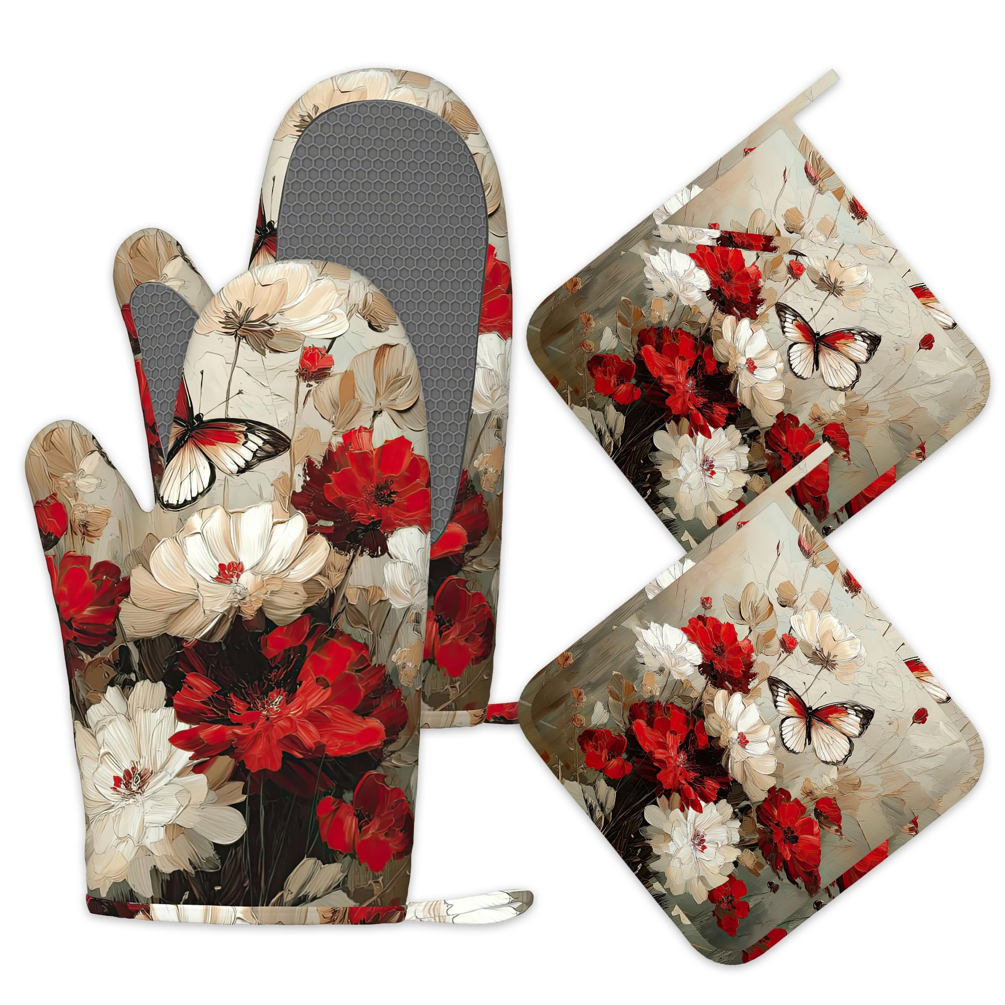 Ofenhandschuhe und Topflappen, Silikon, Weiß, Rot, Blume, Küchenzubehör, Set mit 4 hitzebeständigen Handschuhen, Schmetterlings-Topflappen, rutschfester Griff für Koch, Kochen, Backen, Grillen, BBQ