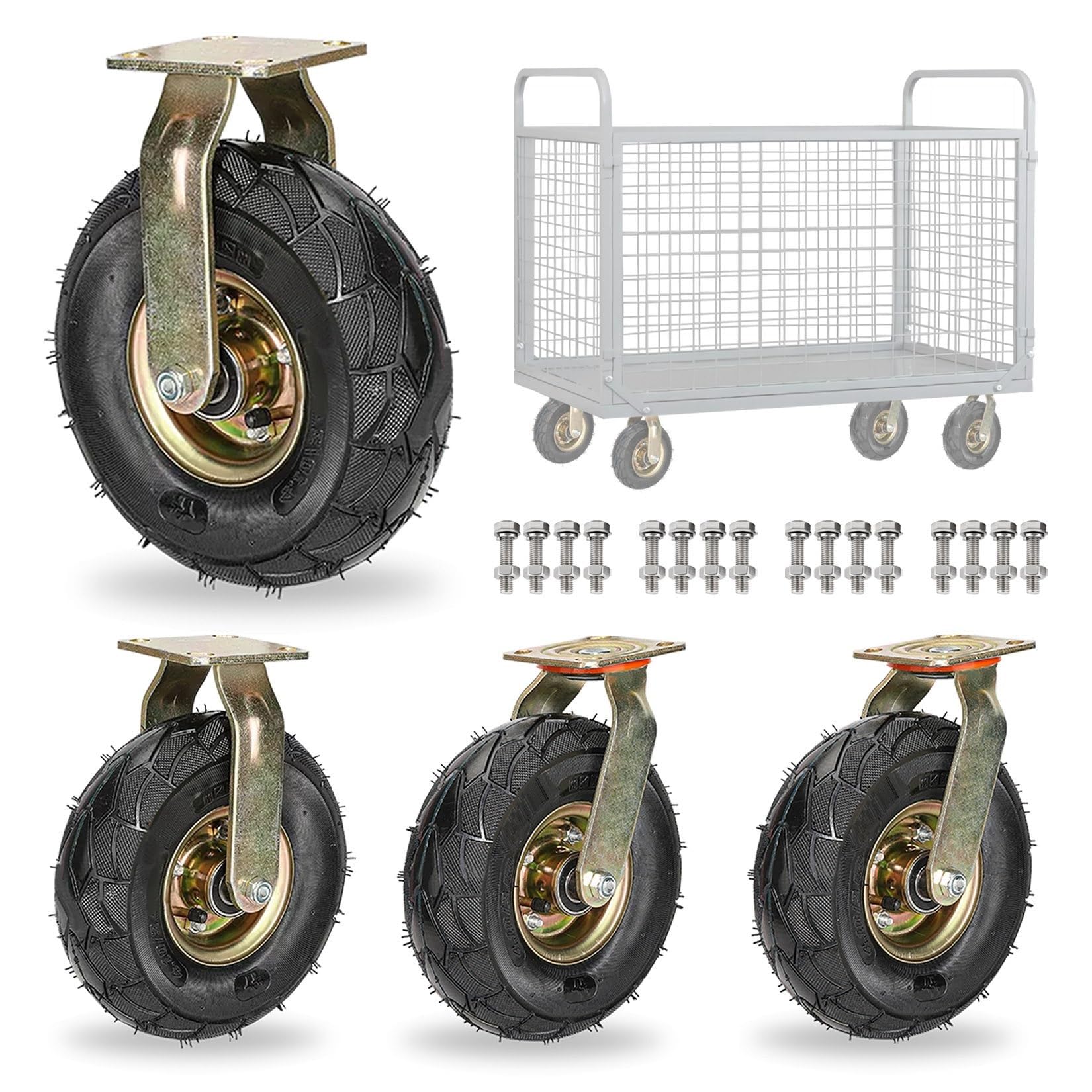 ZGUOUZANTYE 8/10in Heavy Duty Industrial Fixed Caster With Brakes Silent Shock Absorption Air Filled Rubber Wheels For Carts Furniture Workbench 4pcs(Fixed+Swivel,200mm)