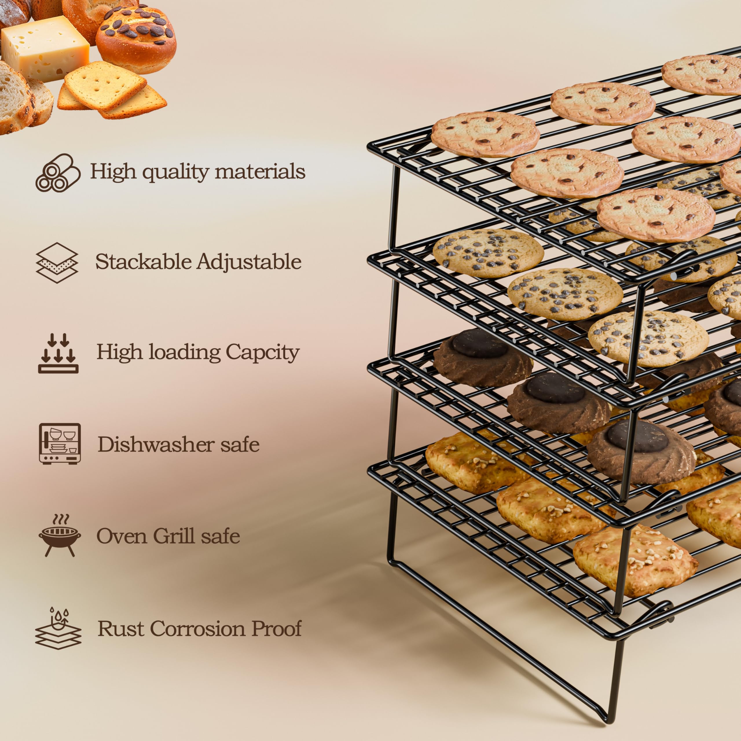 Racks de Refroidissement 4PCS Pliables 4 Niveaux 26 x 41cm Anti-adhésif BPA-Free Four Lave-Vaisselle Safe