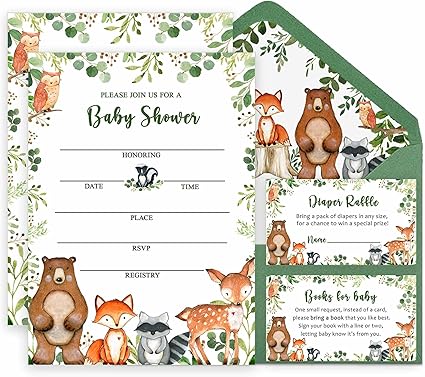 Yuzioey 50 Woodland Baby Shower Invitations, Forest Woodland Greenery Invitations Macthing Envelpoes, Diaper Raffle Tickets, Book Request Cards, Forest Creatures Invitations