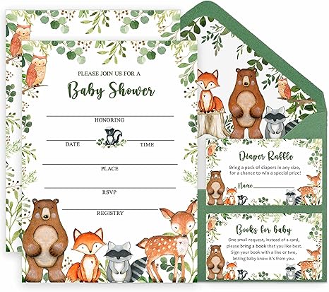 Yuzioey 50 Woodland Baby Shower Invitations, Forest Woodland Greenery Invitations Macthing Envelpoes, Diaper Raffle Tickets, Book Request Cards, Forest Creatures Invitations