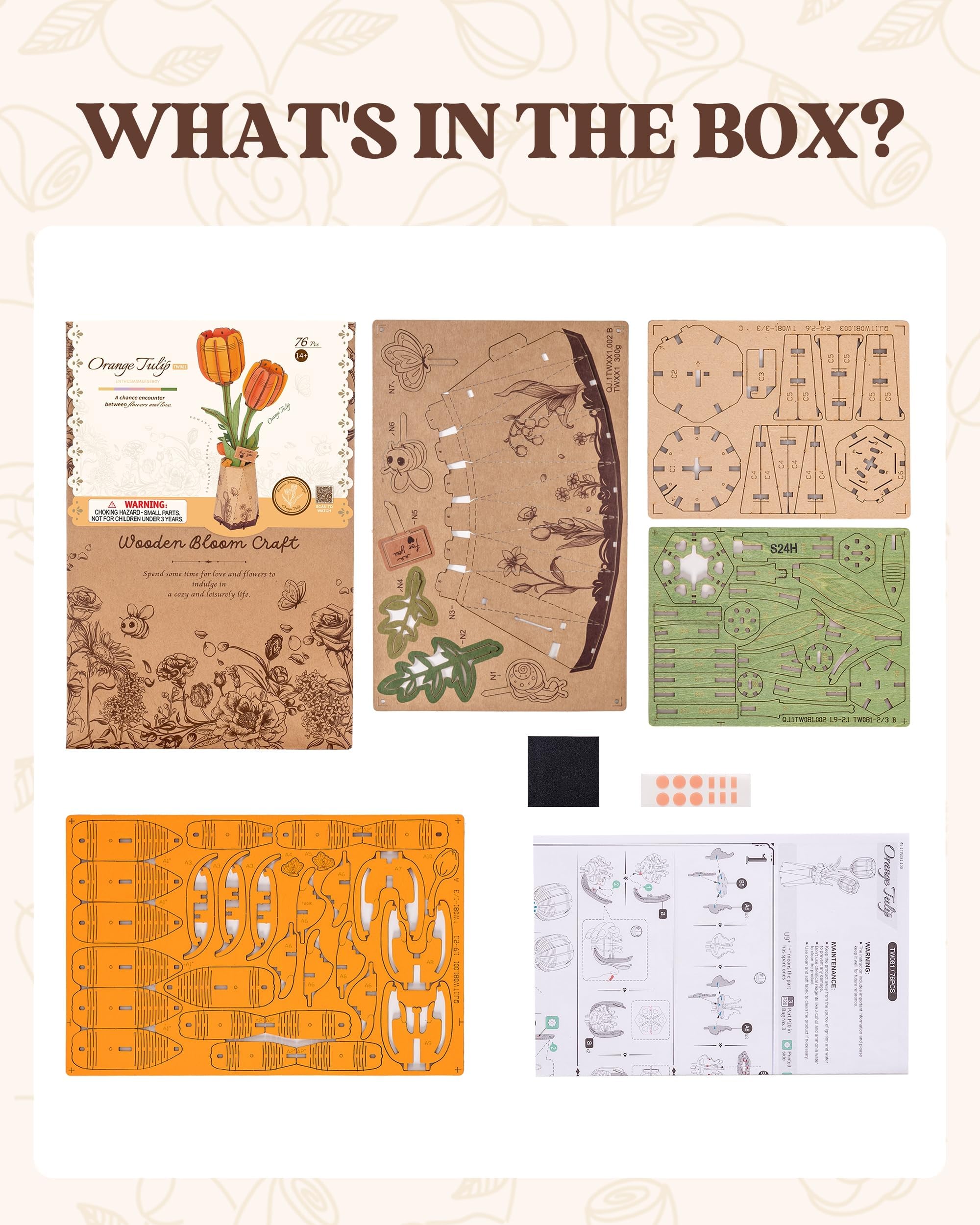 Robotime Flor Puzzles 3D Madera, Maquetas para Construir Adultos, Maqueta Madera, Regalos para Mujeres en el Día de San Valentín & Cumpleaños (Tulipane Naranja)