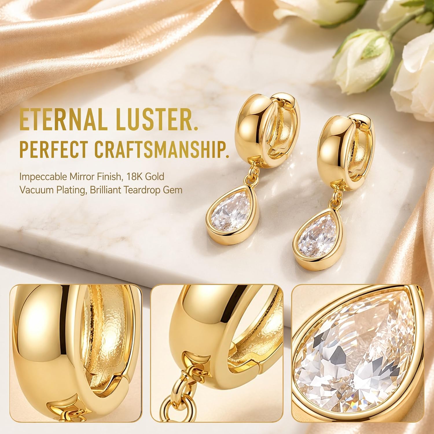 14K Gold Plated Huggie Hoop CZ Drop Earrings for Women image 4