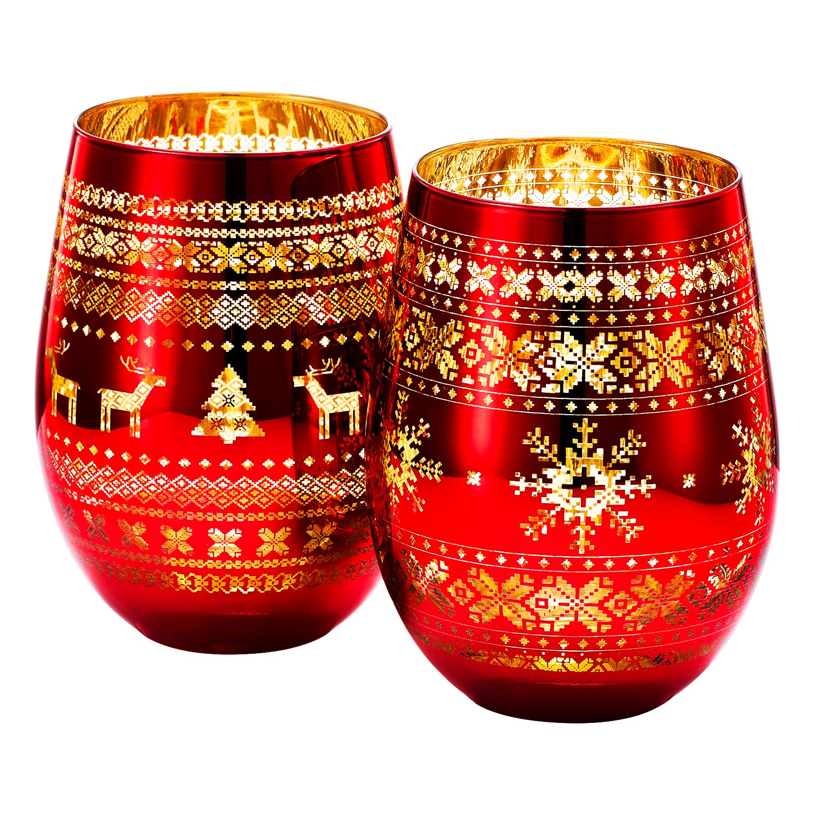 Verres à vin sans pied cadeau de fête lot de 2 décor rouge et or