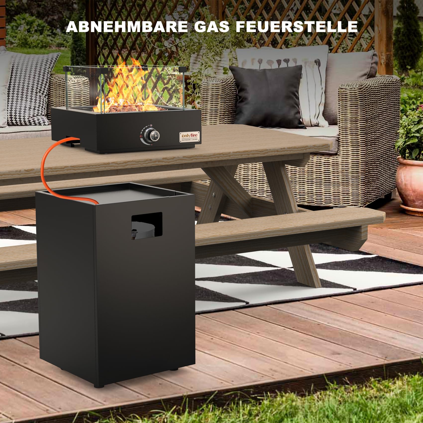 Onlyfire Abnehmbare Gas Feuerstelle, Quadratische Outdoor Gas Feuertisch mit Glaswindschutz, Rollen und Lavasteine, Terrassenfeuer mit Elektronische Zündung, 6,85KW, für Garten und Balkon, Schwarz