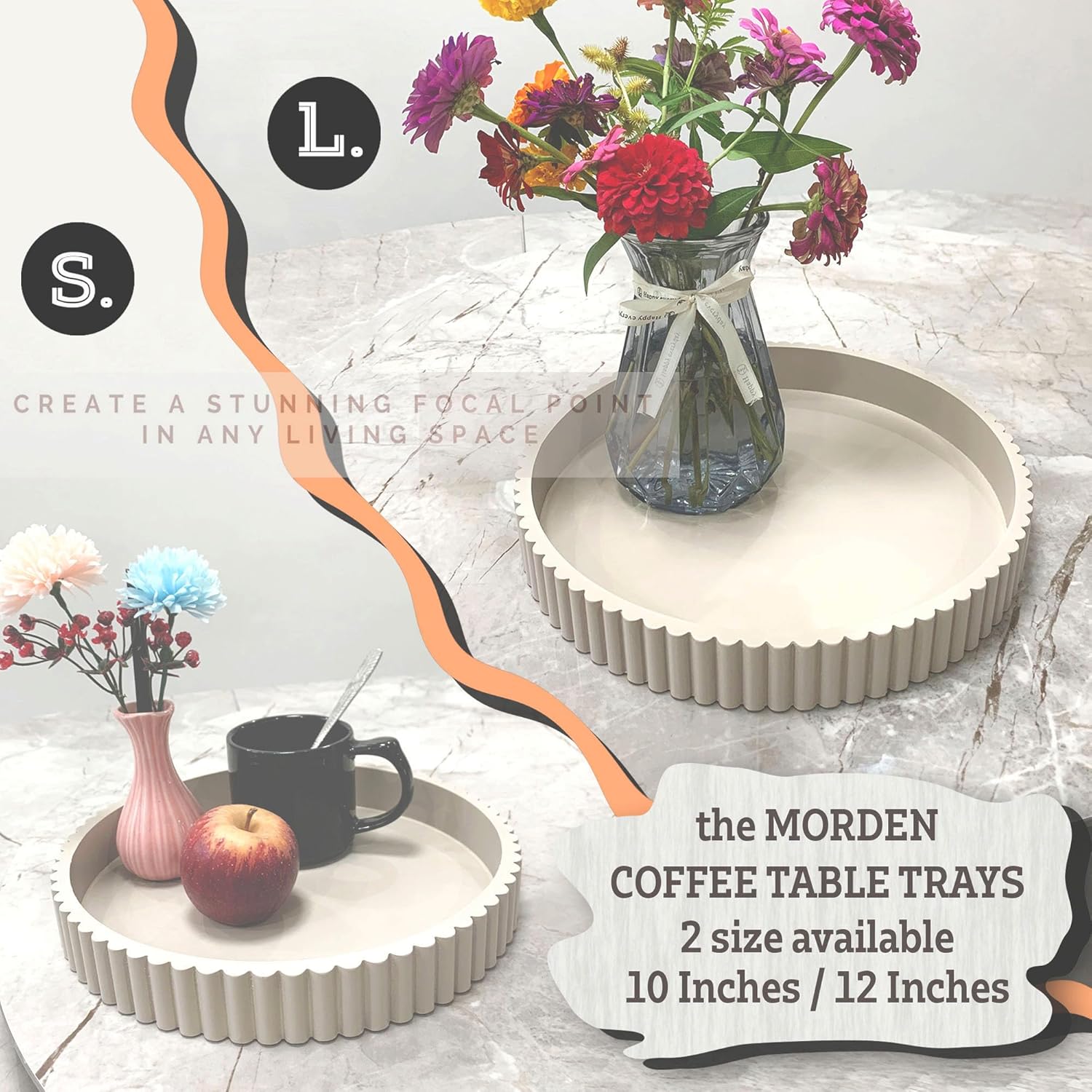 Modern Table Round Decorative Trays 2pcs Home Decor - Circle Coffee Table Centerpiece Set 12"/10" - Wooden Warm Grey Ottoman Tray with Fluted Edge - Image 5