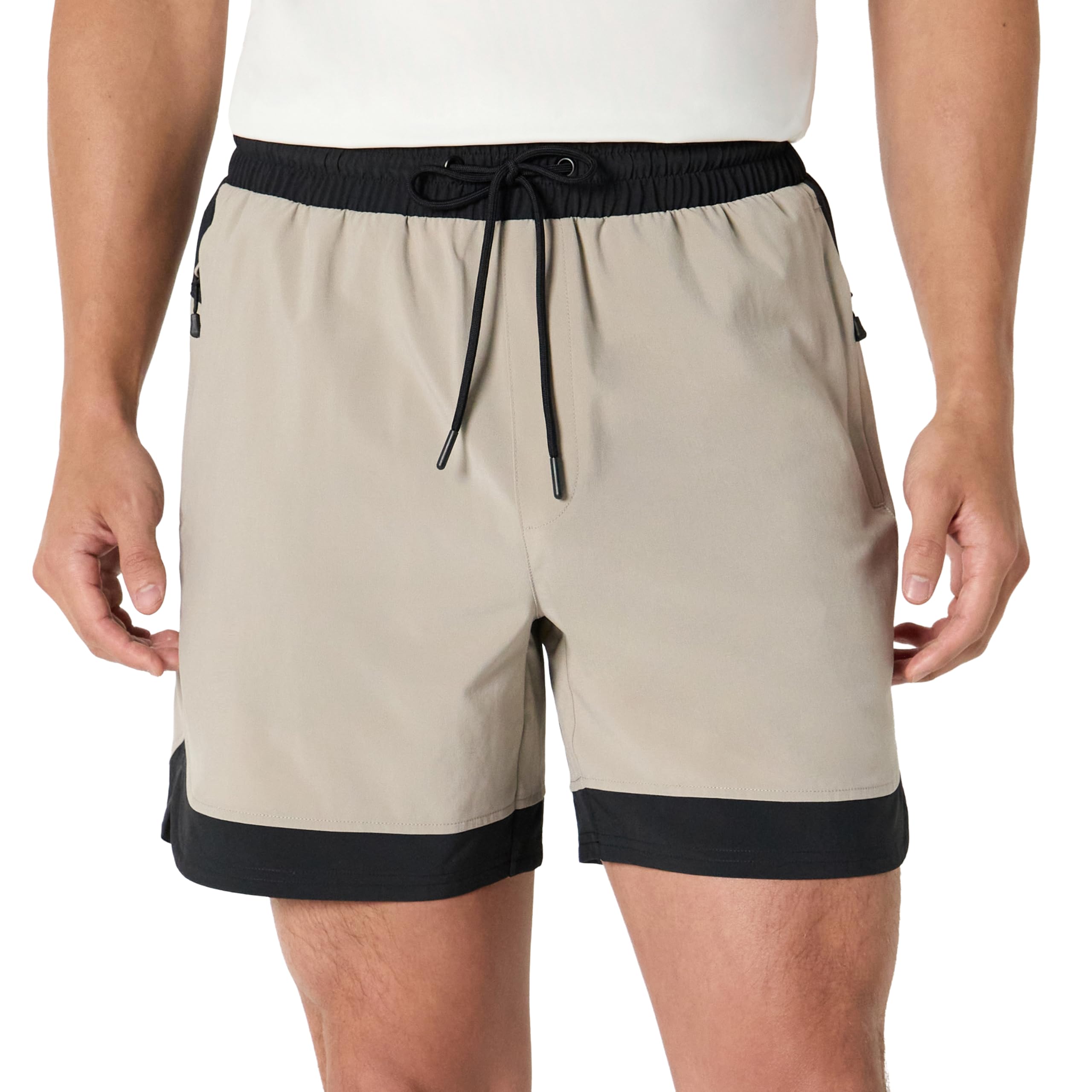 Amazon Essentials Men's Athletic Performance Stretch Contrast Woven Gym Training Short with 6" Inseam, Beige/Black, Medium