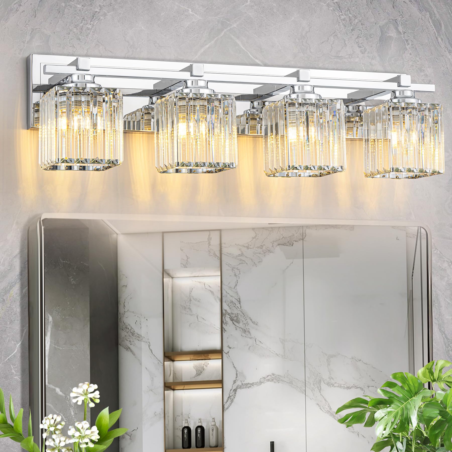 Crystal Bathroom Light Fixtures, 4 Light Chrome Vanity Lighting Over Mirror with Crystal Shades, Modern Bathroom Vanity Light for Restroom, Bath, Cabinet and Powder Room