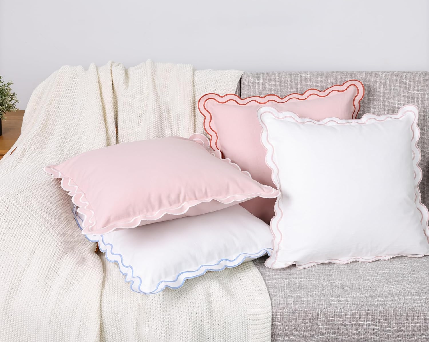 Chlophy Scalloped Pillow Cover Set of 2 Valentine Pillow Covers 100% Cotton Spring Throw Pillow Covers Boho Farmhouse Home Decor for Couch Sofa Living Room Embroidered Washable Pink 20x20in