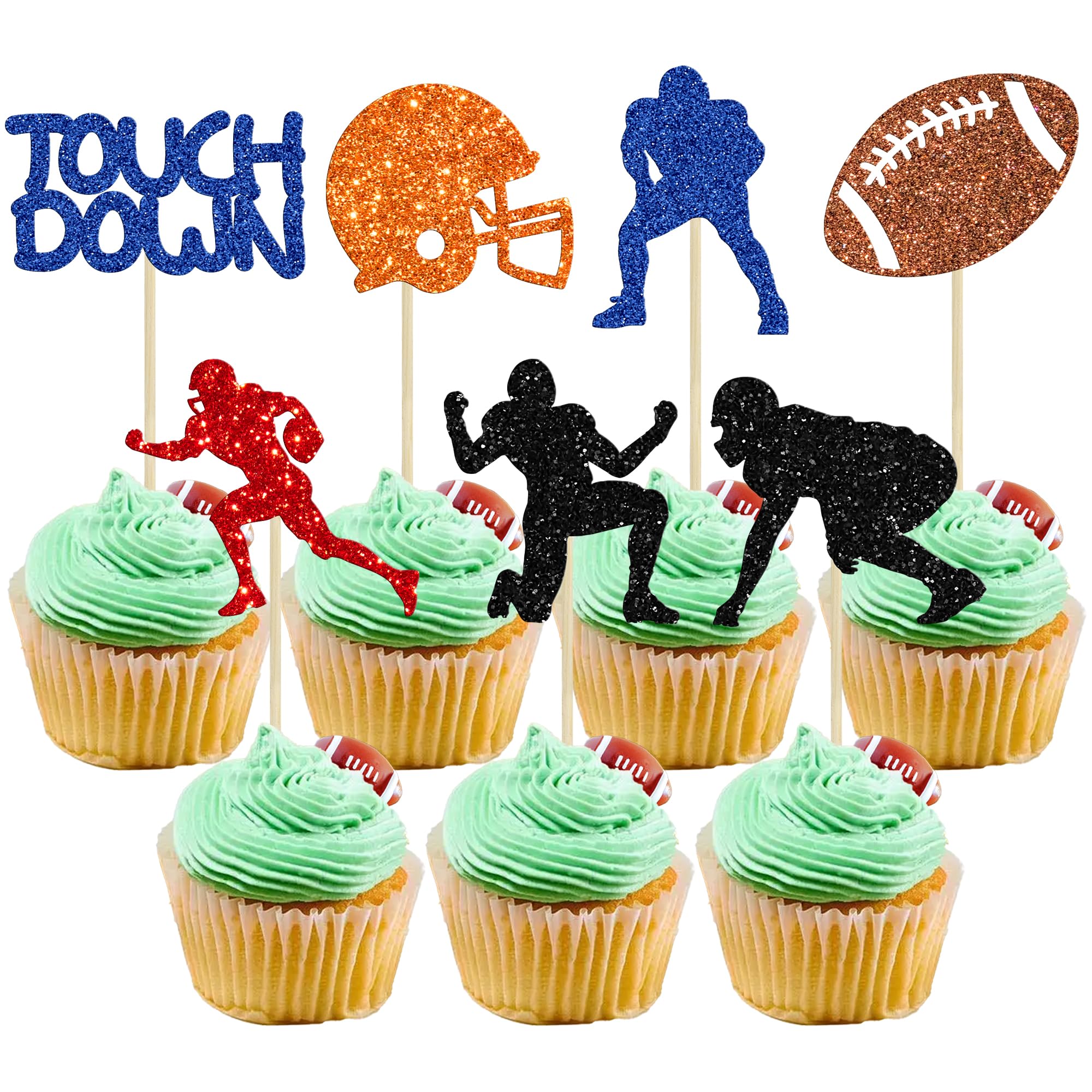 Gyufise 28Pcs Rugby Ball Player Cupcake Toppers Rugby Cake Decorations for Soccer Player Theme Treats Food Decorations Rugby Ball Party Supplies