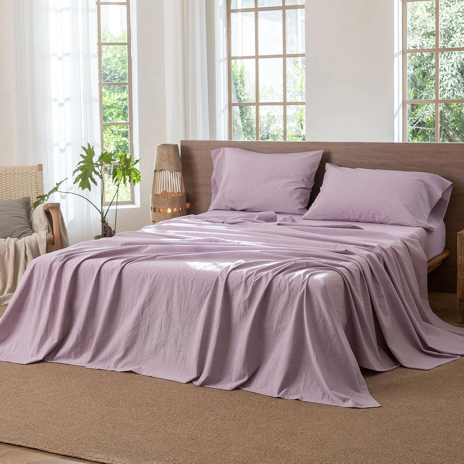 MooMee Flat Top Sheet Only 100% Washed Cotton Linen Like Textured Breathable Durable Soft Comfy (Light Purple, Queen)