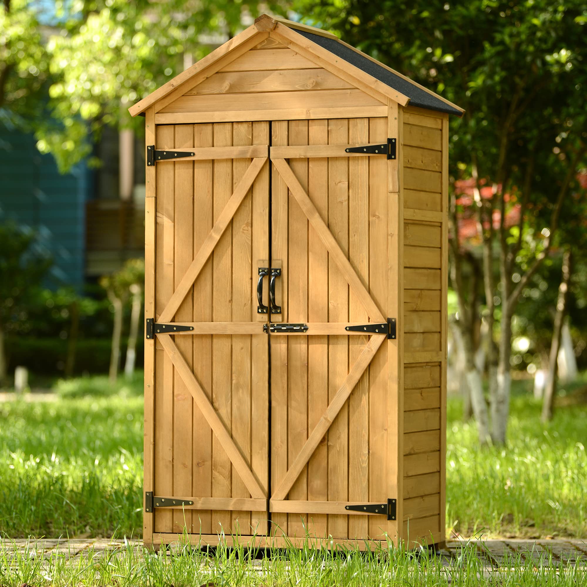 5.8 x 3FT Outdoor Storage Shed, Wood Garden Shed with Lockable Doors, Tool Cabinet with Waterproof Asphalt Roof and 3-Tier Shelves for Patio Lawn Backyard Garden, Natural (Incomplete, Box 1 Only)