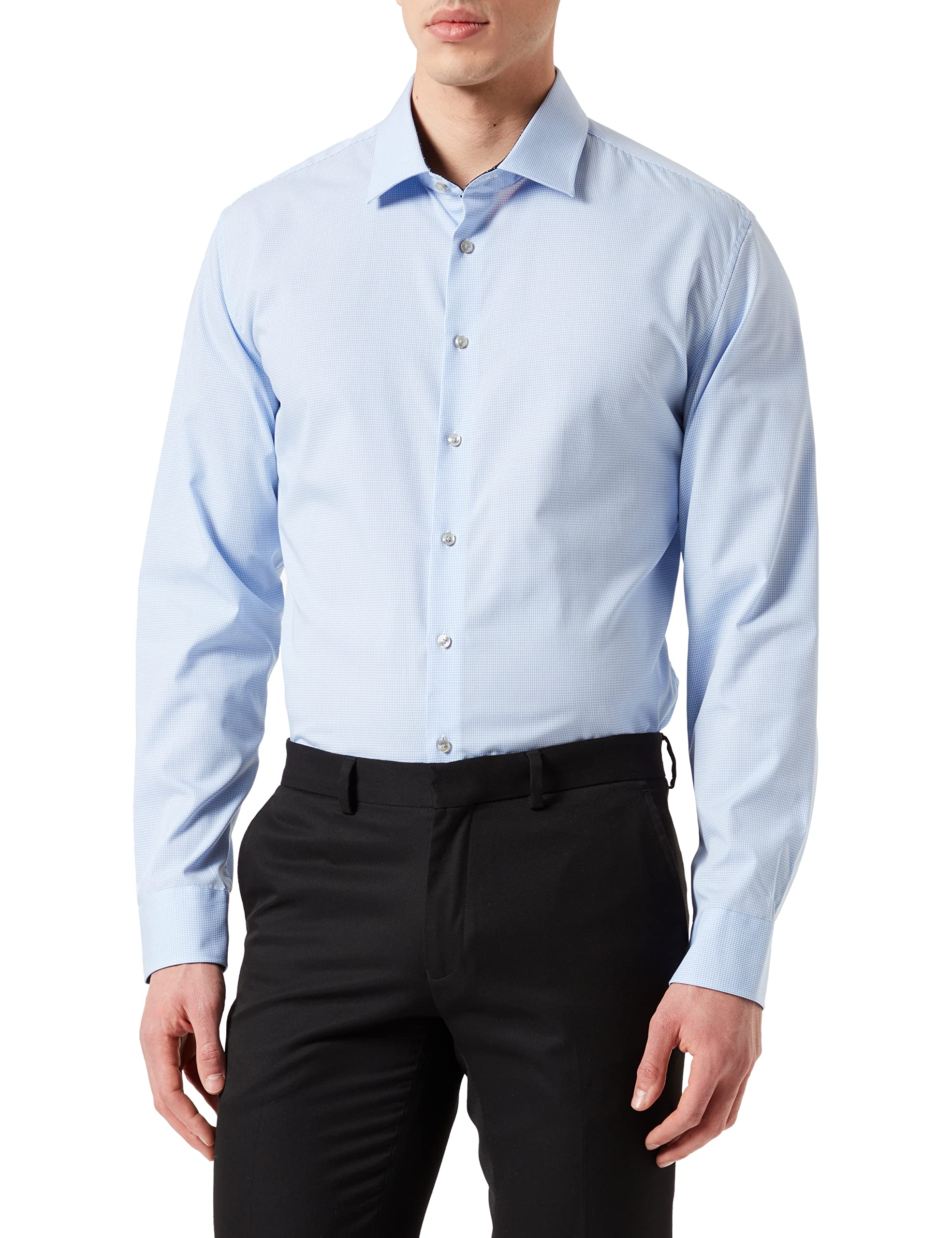 Seidensticker Men's Slim Non-Iron Kent Long Sleeve Patch Checked Shirt, lightblue