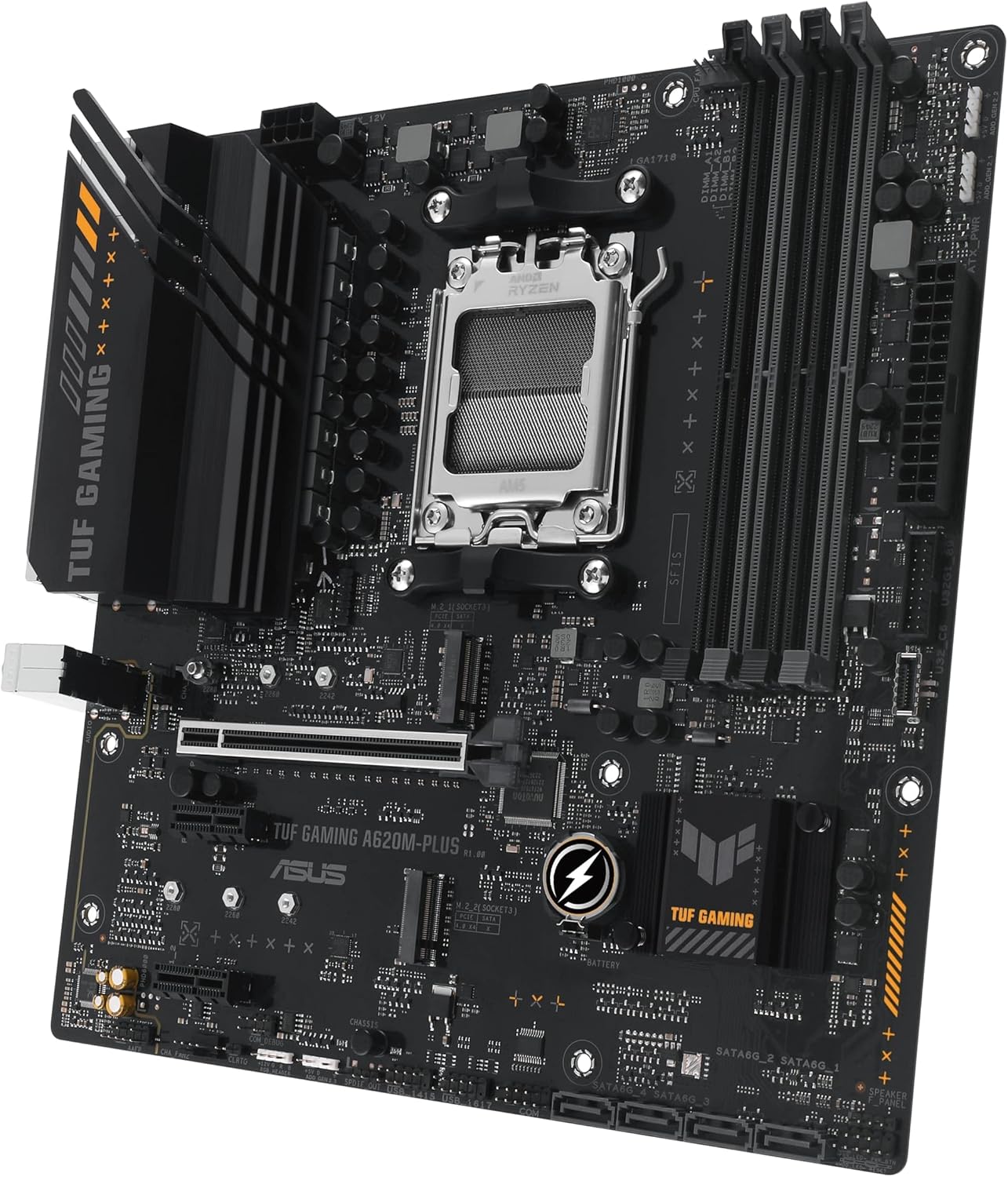 ASUS TUF GAMING A620M-PLUS Scheda madre AMD mATX, DDR5, 2 slot M.2 PCIe 4.0, Q-Latch, Ethernet Realtek 2.5Gb, 2 DisplayPort, HDMI, USB 3.2 Gen 1 Type-C, BIOS FlashBack, Cancellazione rumore, Aura Sync ASUS TUF GAMING A620M-PLUS Scheda madre AMD mATX, DDR5, 2 slot M.2 PCIe 4.0, Q-Latch, Ethernet Realtek 2.5Gb, 2 DisplayPort, HDMI, USB 3.2 Gen 1 Type-C, BIOS FlashBack, Cancellazione rumore, Aura Sync