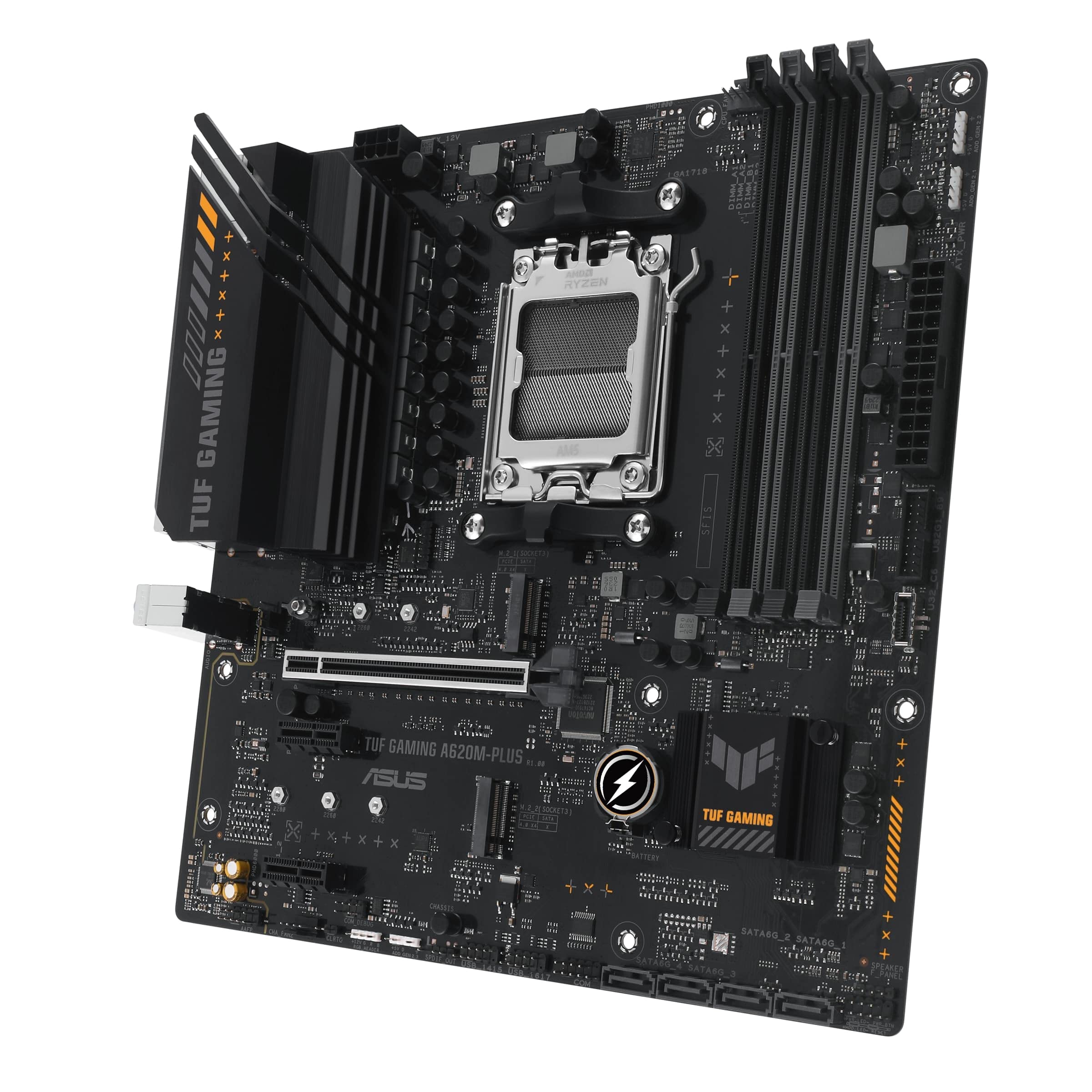 ASUS TUF GAMING A620M-PLUS Scheda madre AMD mATX, DDR5, 2 slot M.2 PCIe 4.0, Q-Latch, Ethernet Realtek 2.5Gb, 2 DisplayPort, HDMI, USB 3.2 Gen 1 Type-C, BIOS FlashBack, Cancellazione rumore, Aura Sync