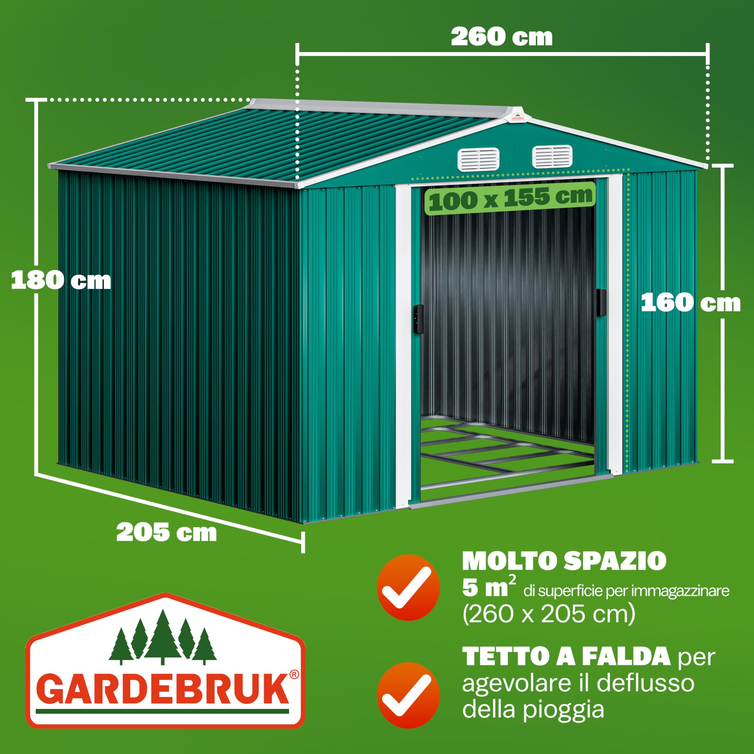 GARDEBRUK® Casetta per Attrezzi da Giardino XXL in Metallo 5m² con Base 260x205x180cm Porta Scorrevole Capanno Antracite con Tetto Prese d´Aria Capannone Rimessa da Esterno 9m³