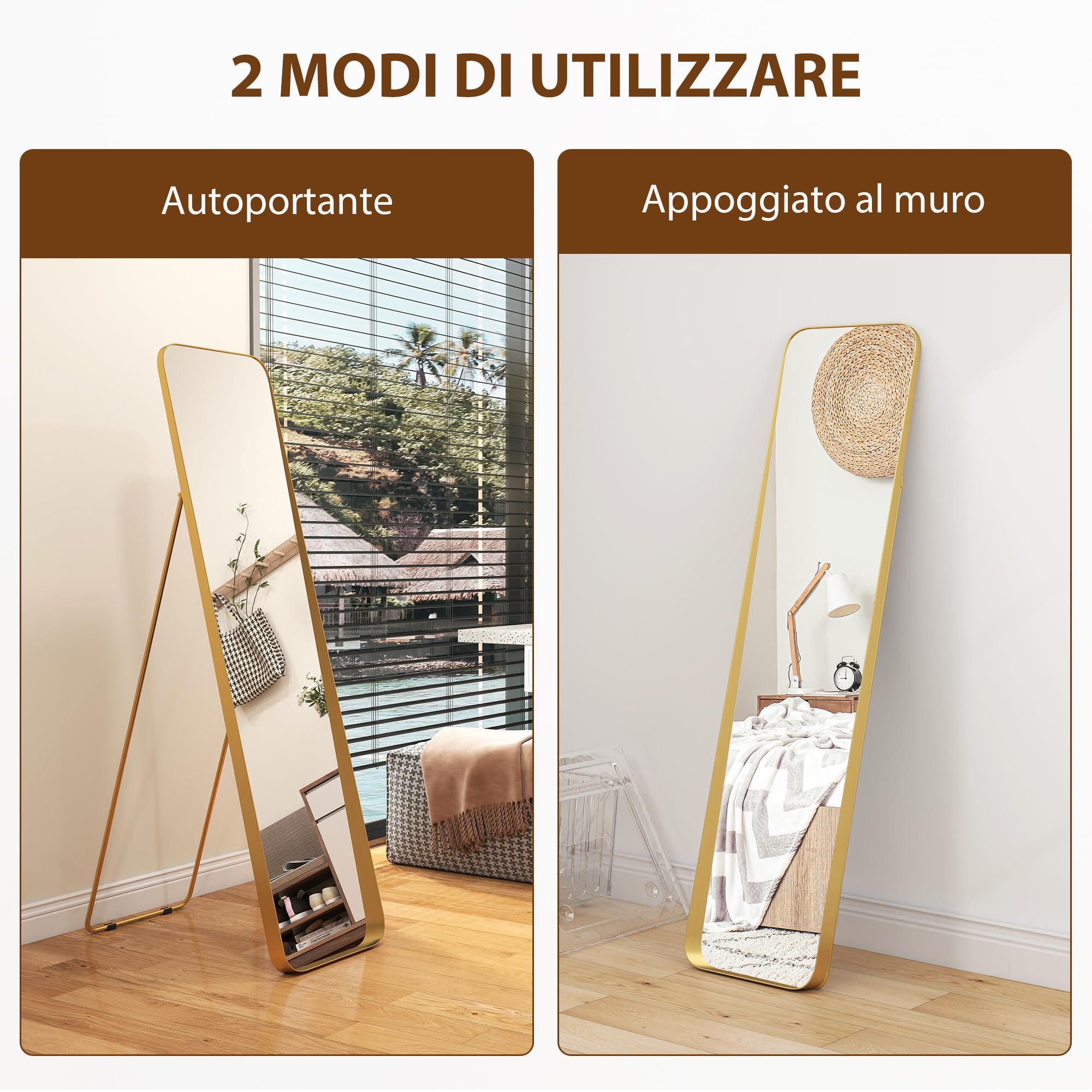 HOMCOM Specchio da Terra Moderno a Figura Intera Antiscoppio 40x160 cm Oro | Specchio Verticale con Cornice, in Vetro MDF e Metallo, per Camera da Letto, Soggiorno e Ingresso