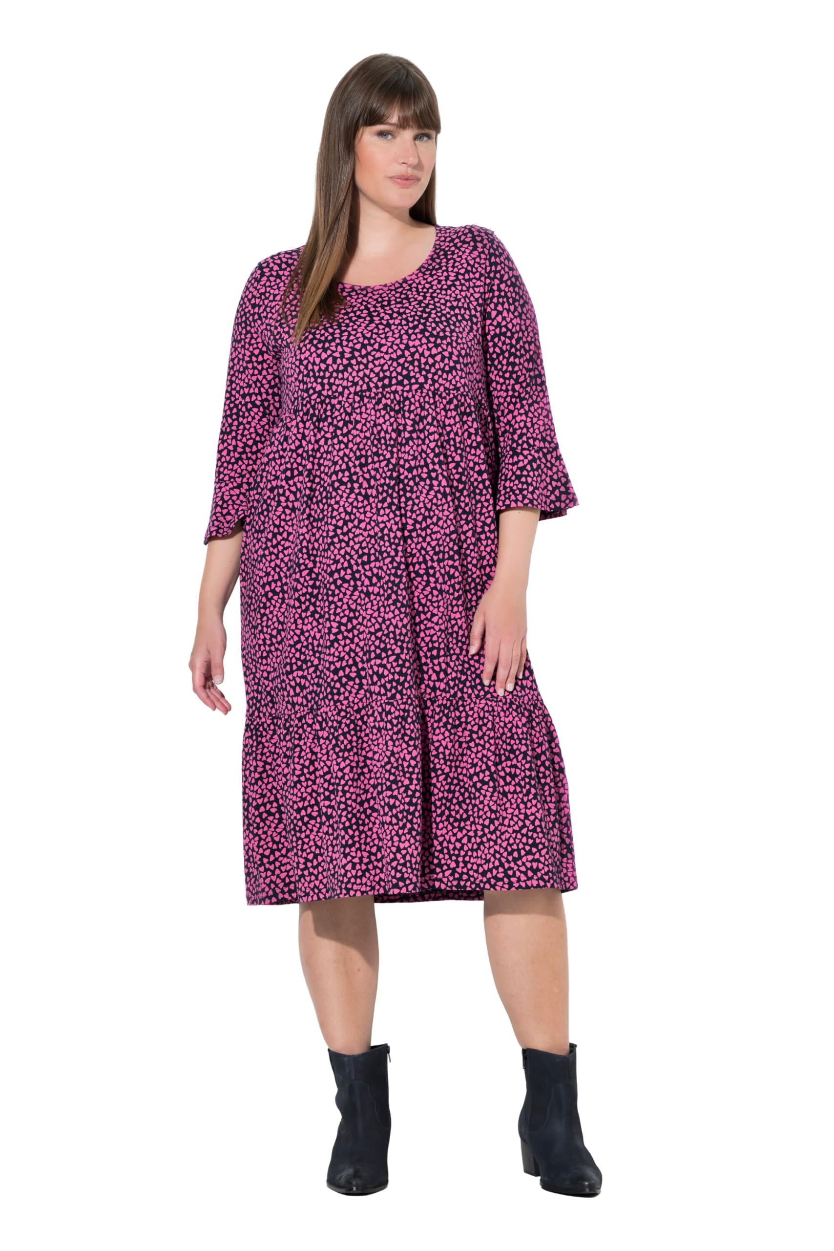 Ulla Popken Damen große Größen Übergrößen Plus Size Midikleid, Herzen, A-Linie, Rundhals, 3/4-Arm 845363