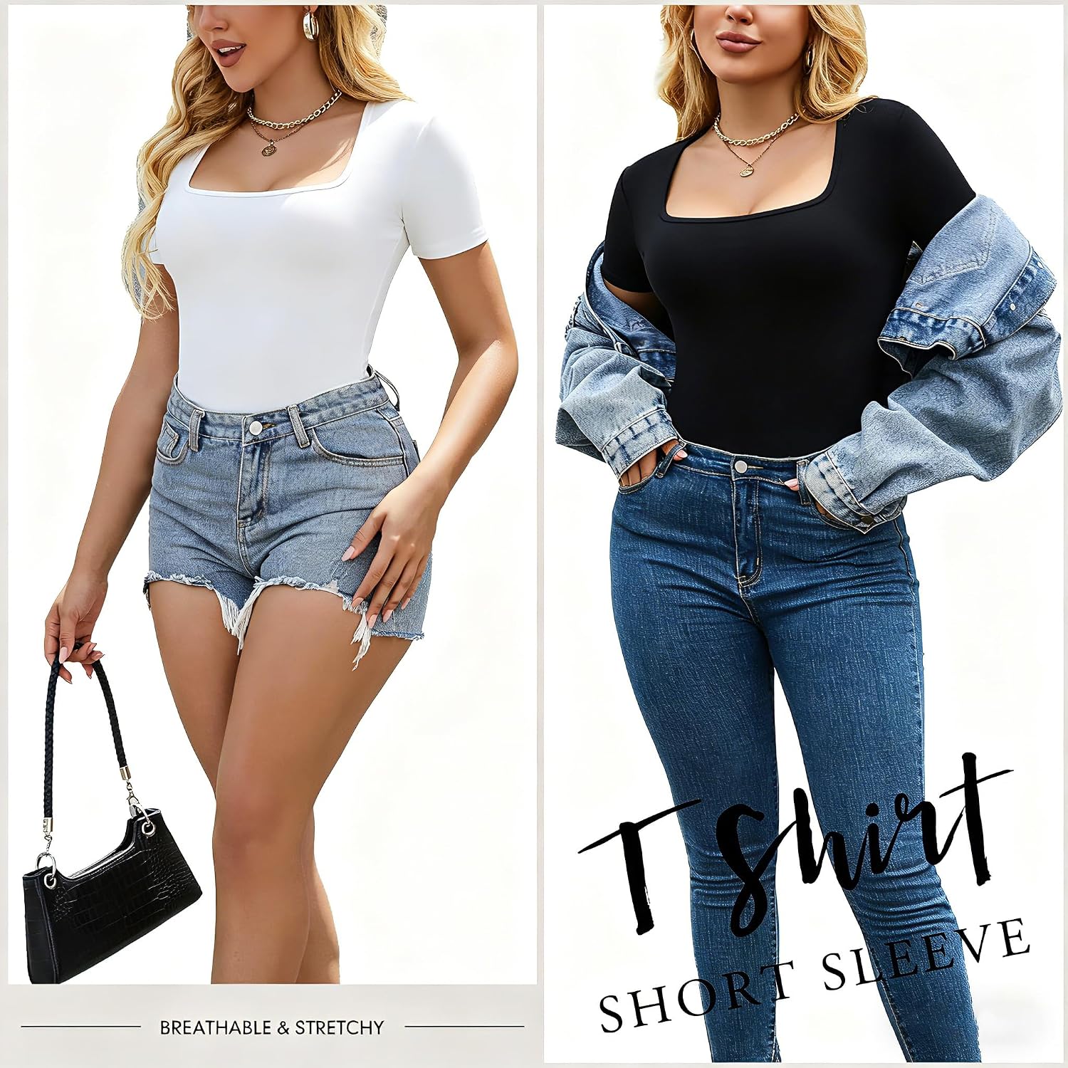 5 Pack Short Sleeve for Womens Square Neck T Shirts Fashion Casual Basic Tees Tops Summer Outfits Clothes 2026