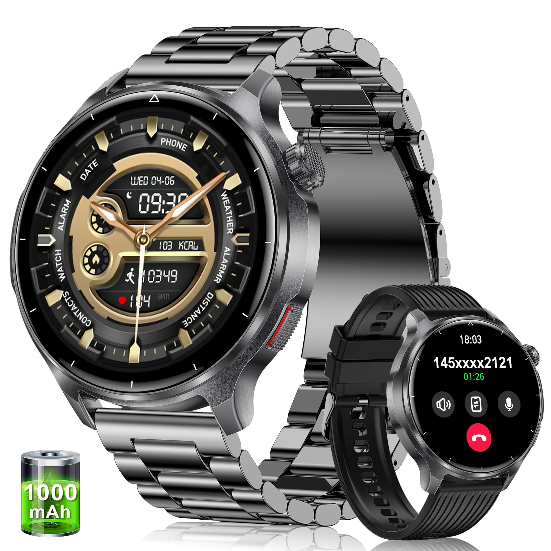 Montre Connectée Homme, 1.52'' HD Écran avec 1000mAh Batterie, Smart Watch Homme Appel Bluetooth, Cardiofréquence, Sommeil, 110+ Sportifs, Étanche IP68 Montre Sport pour iOS Android