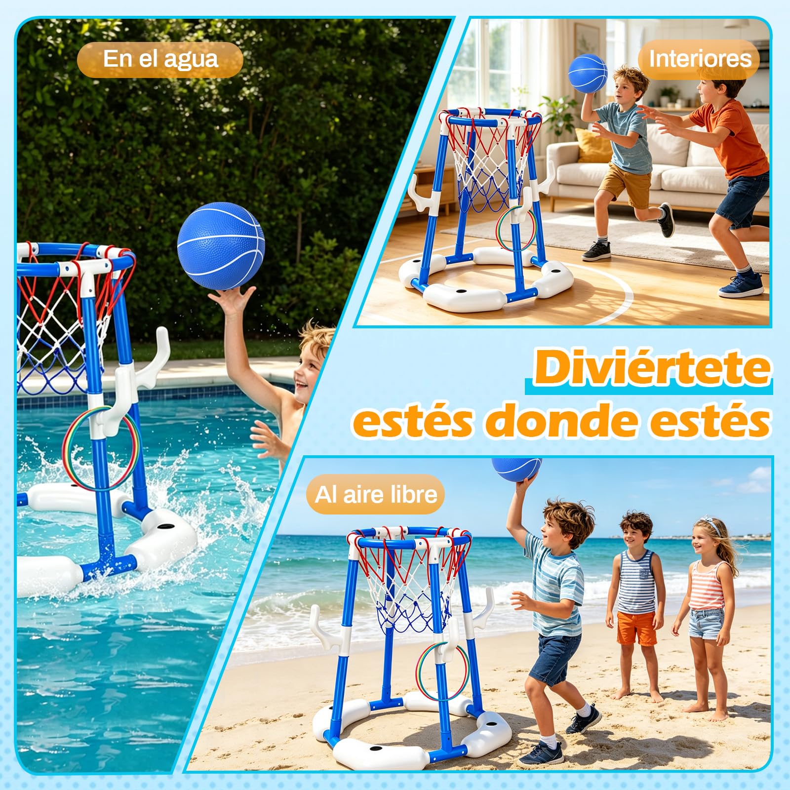 Canasta de Baloncesto Piscina, 2-en-1 Canasta Baloncesto Flotante para Piscina con 2 Pelotas, 12 Anillas y Bomba, Juego de Agua para Adultos Niños