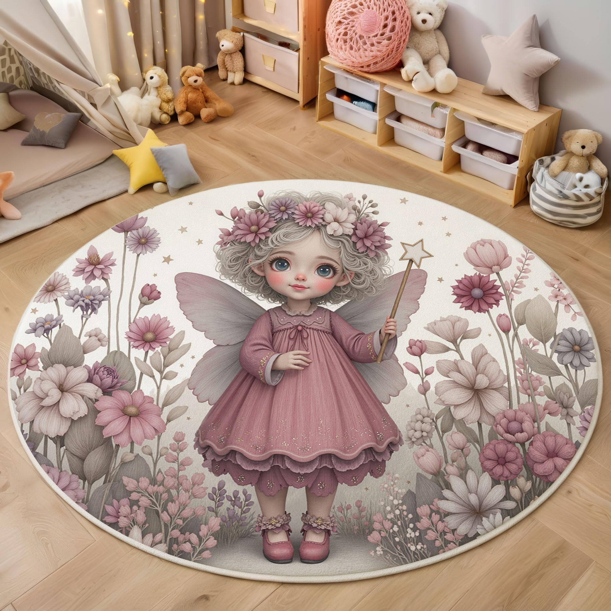 Tapis rond fleurs fées rose gris 60 cm lavable et antidérapant pour chambre d'enfant